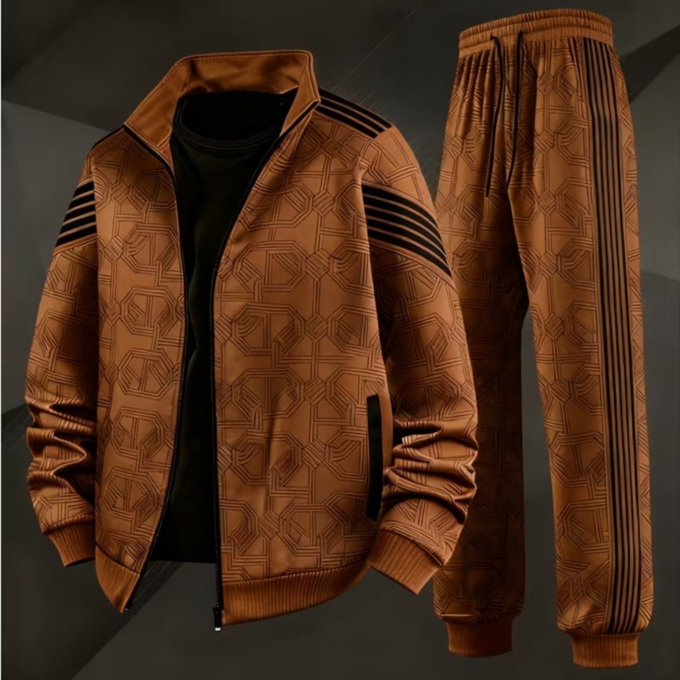 Men's Stylish Tracksuit For And Winter Featuring A Stand Collar, Geometric Interlocking Design, And Striped Details, Perfect For Casual Sportswear