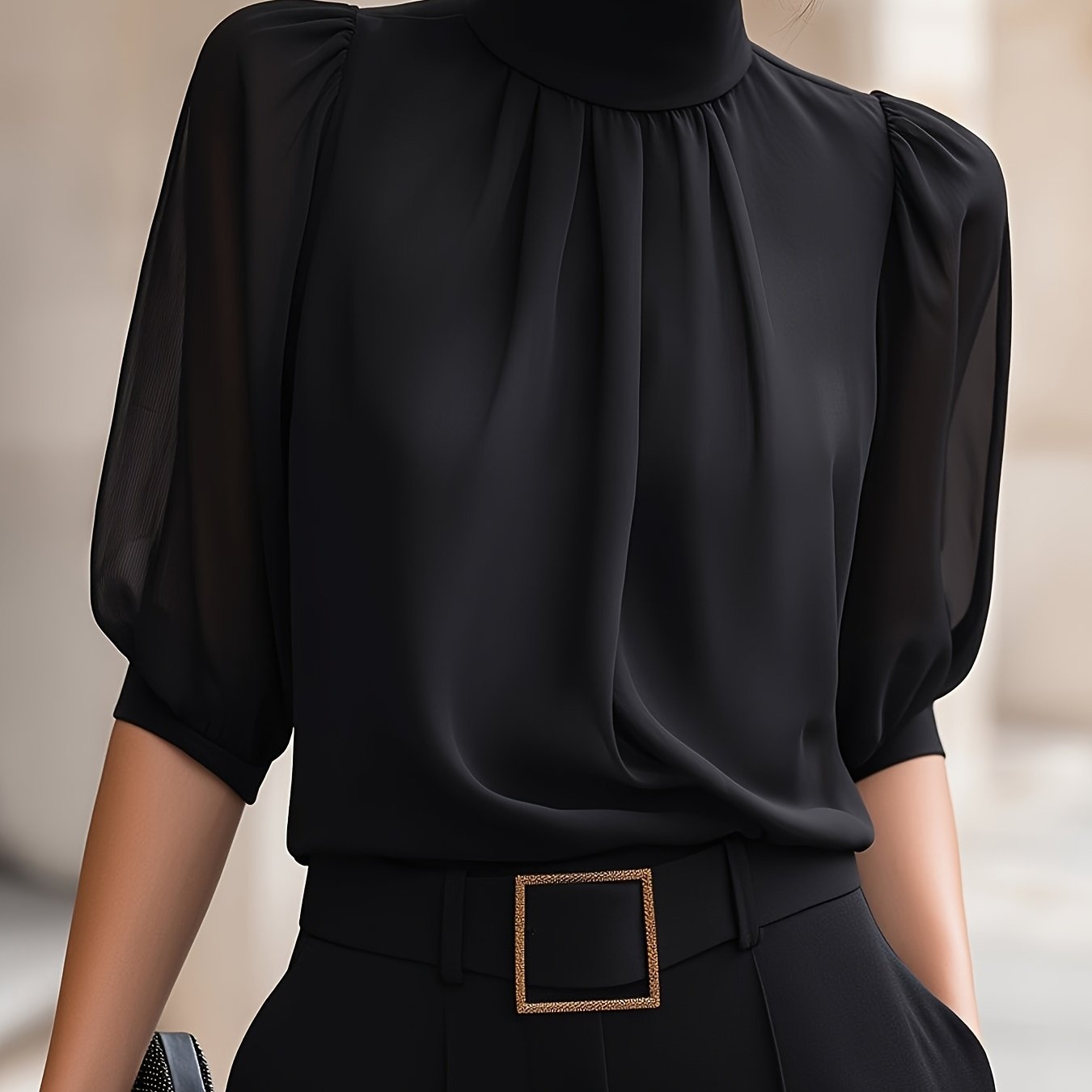 TEMU Women's Directional Casual Turtleneck Chiffon Blouse, Sheer Puff Sleeve Ruffle Detail Summer Top, Elegant Black Shirt [gavin]