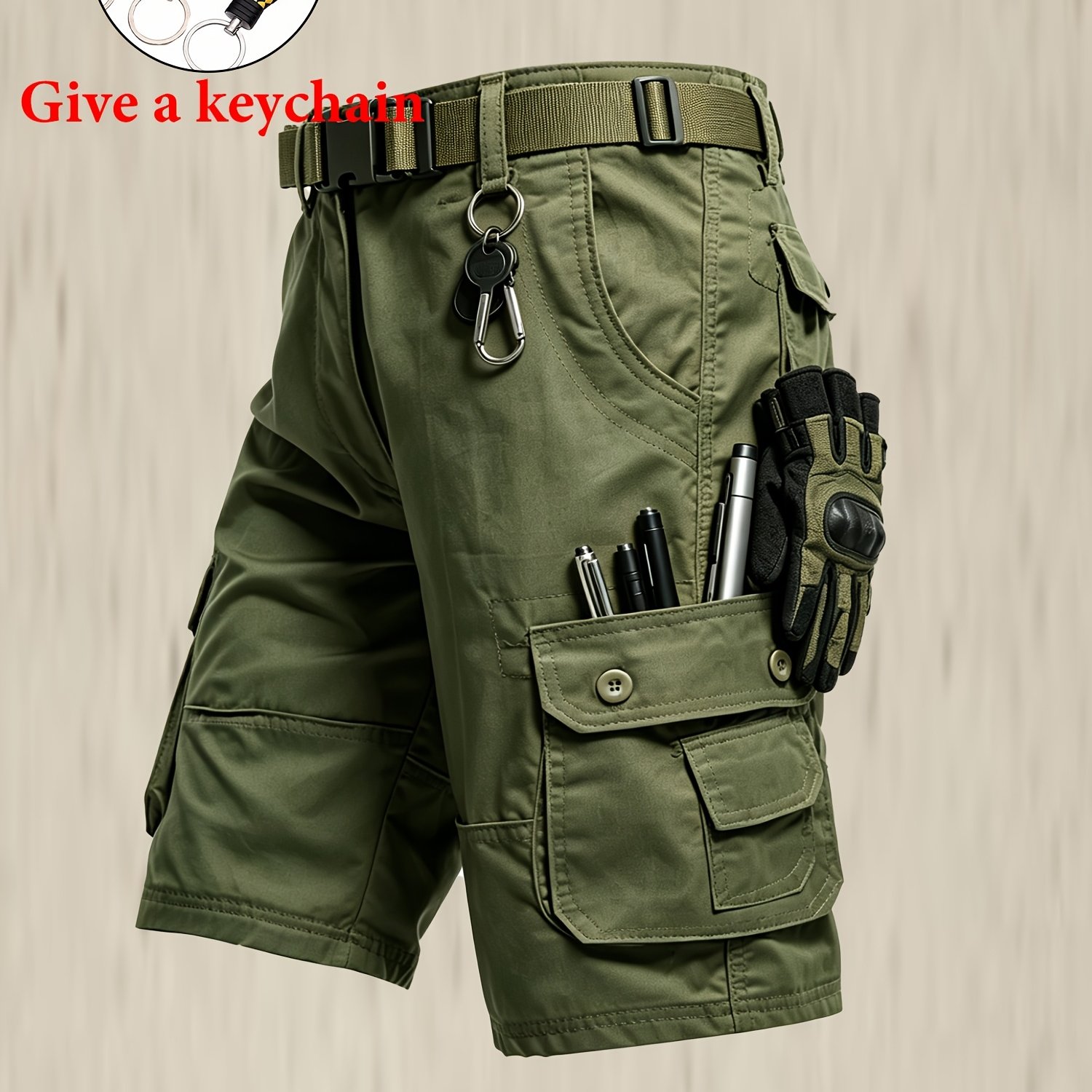 Image of Plus-size Men's Workwear Outdoor Shorts, Comfortable And Breathable Multi- Shorts For Outdoor Activities, Solid Color Shorts Suitable For Hiking And Fishing ( With A Keychain), Plus Size