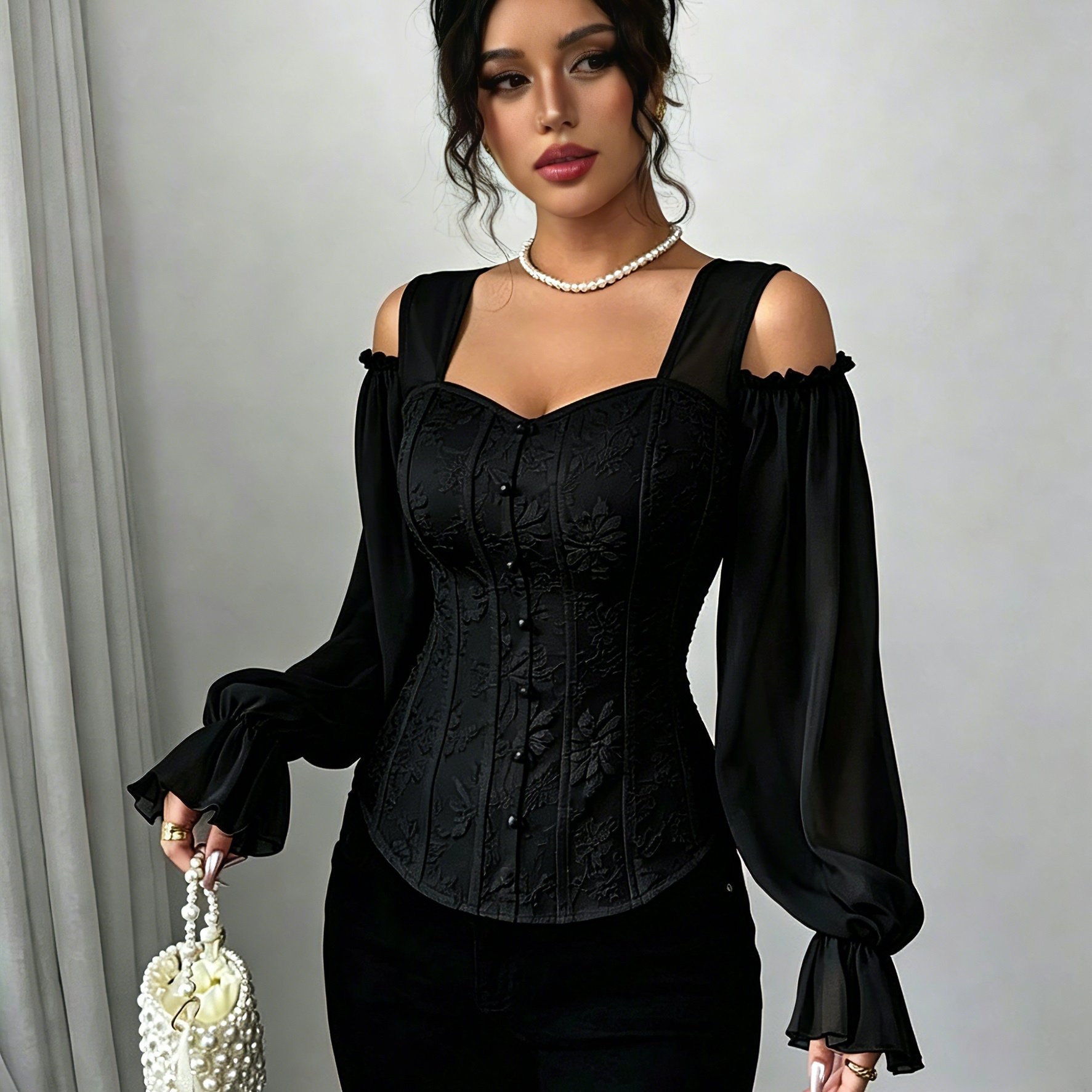 Plus Size - Plus Size - Women's Fashion Strappy Floral Jacquard Long Sleeve Elegant Top