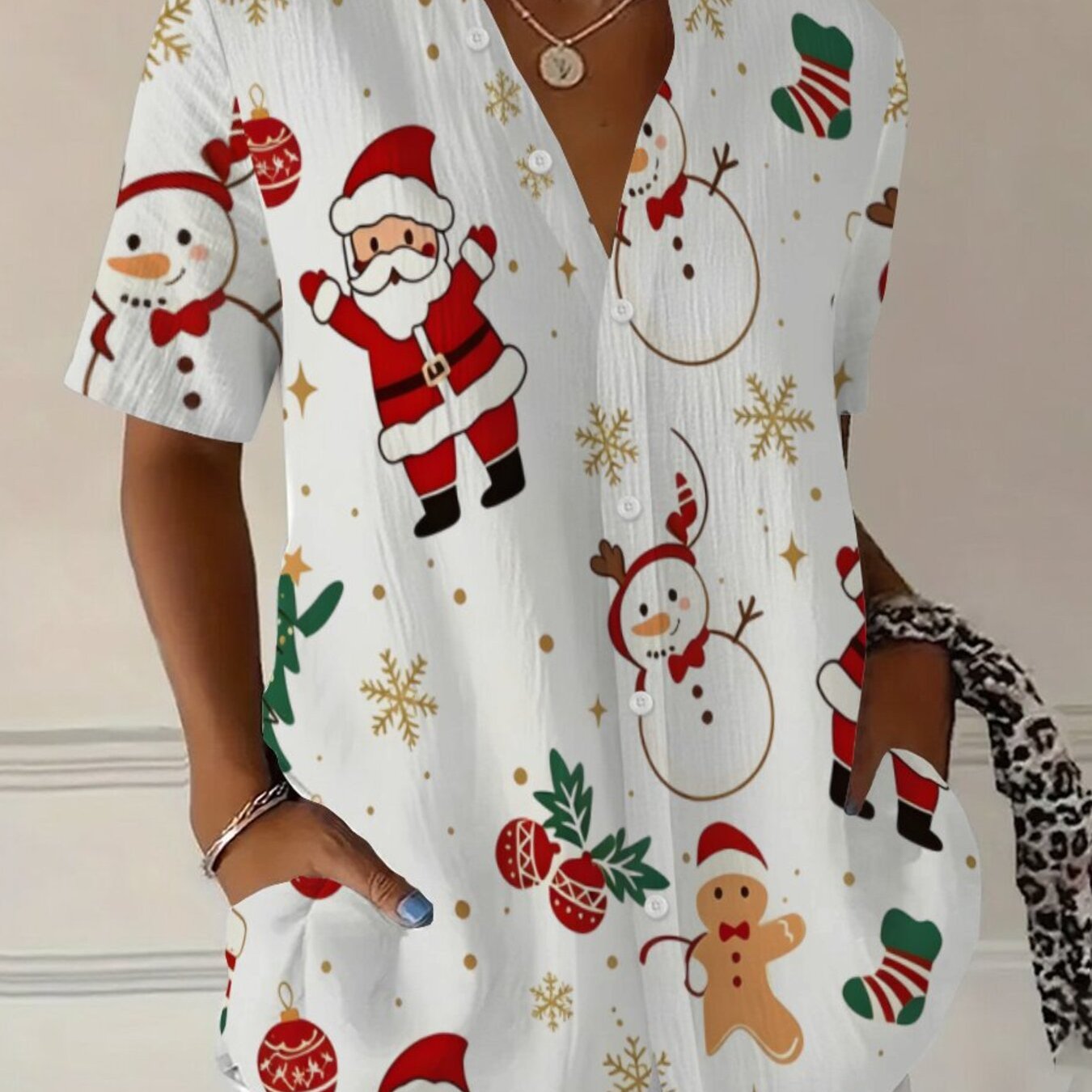TEMU Cute Santa Claus, Snowman, And Snowflake Print Lapel Short-sleeve Shirt, Festive Atmosphere, Loose Fit, Casual And Versatile Women's Elegant Top