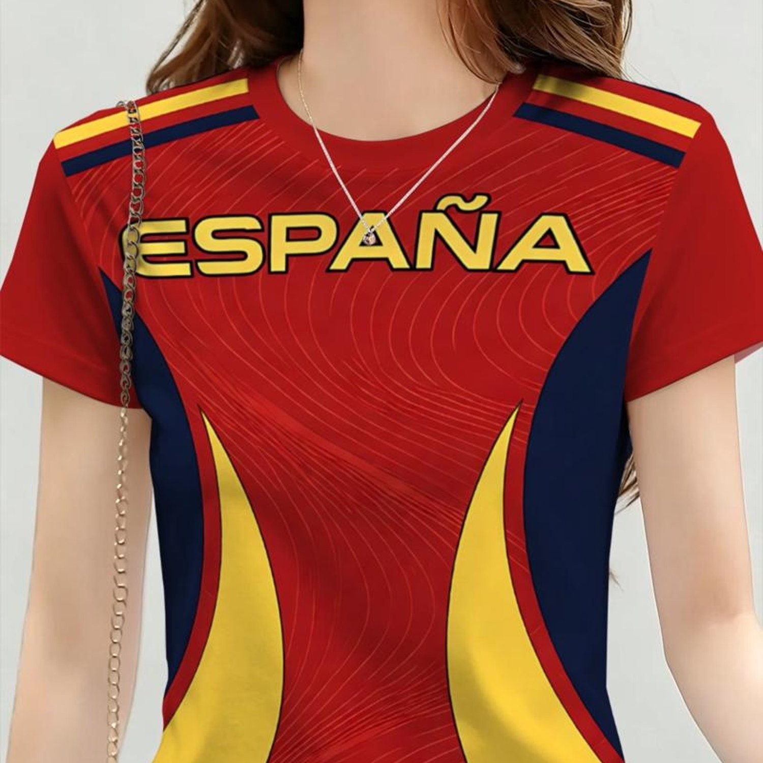 TEMU Camiseta de mujer estilo Selección Española Ripple, cuello de amarilla y con doradas , camiseta de manga corta para , vacaciones y uso casual,