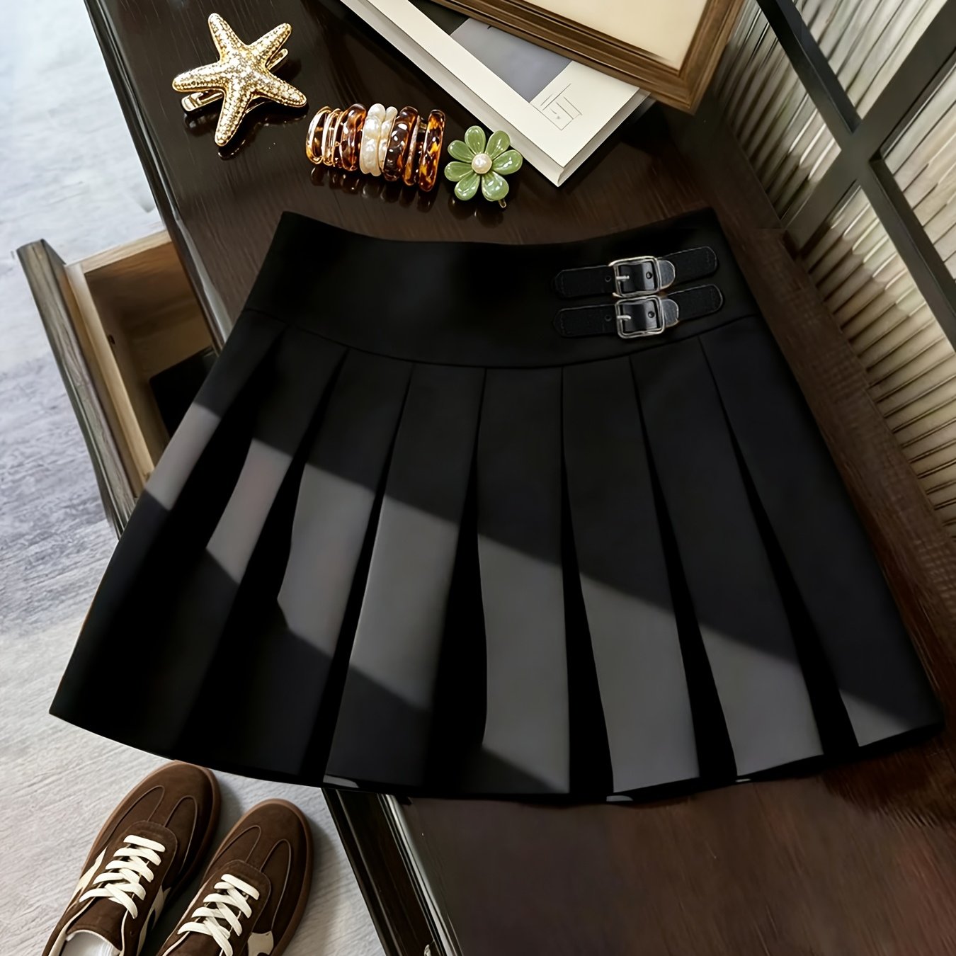 TEMU [development Zd260112084] Women's Casual Cropped Pleated Skirt With Decorative Accessory (lined)