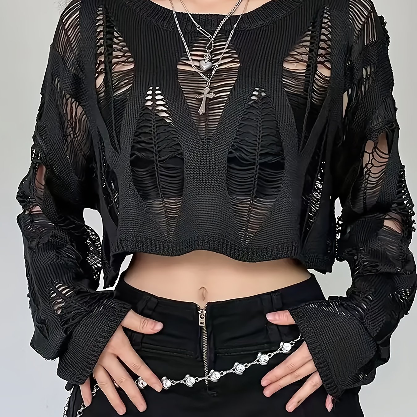 Ladies Knitted Round Neck Open-knit Design Long-sleeve Halloween Short Cardigan