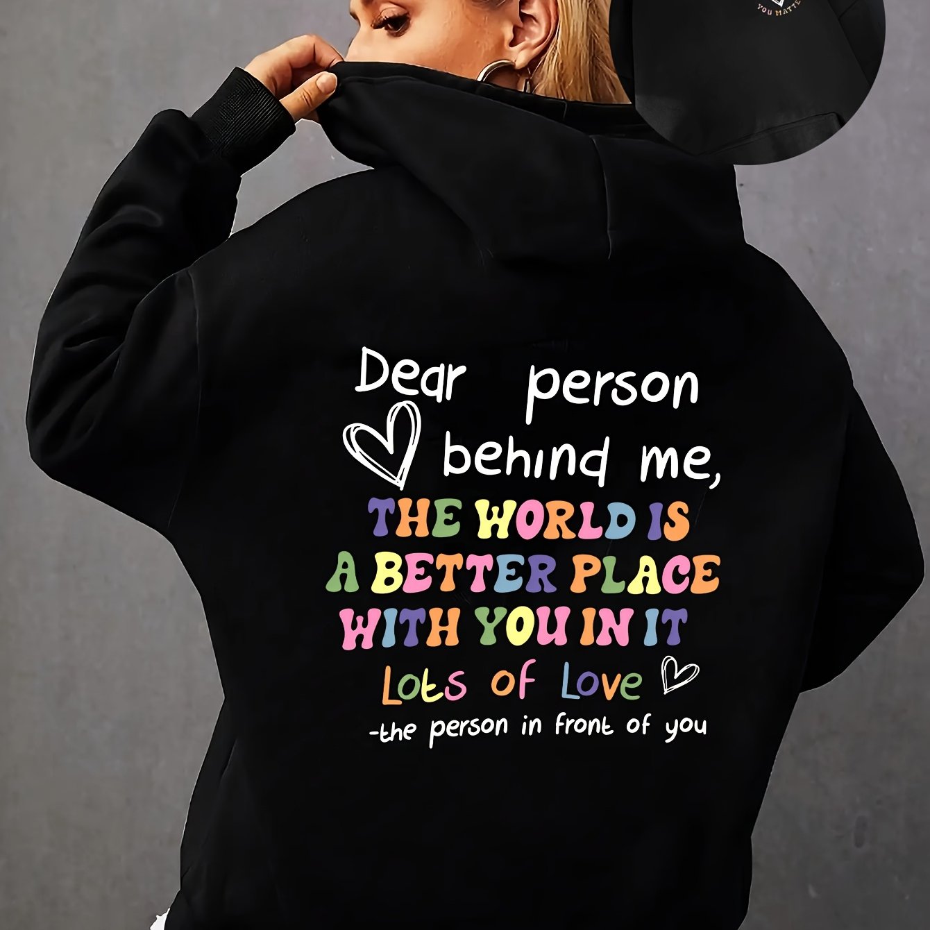 TEMU Women's Plus-size Casual Black Hoodie With Heart-shaped Letter Print And Kangaroo Pocket - Perfect For Autumn And Spring, Comfortable Wear |