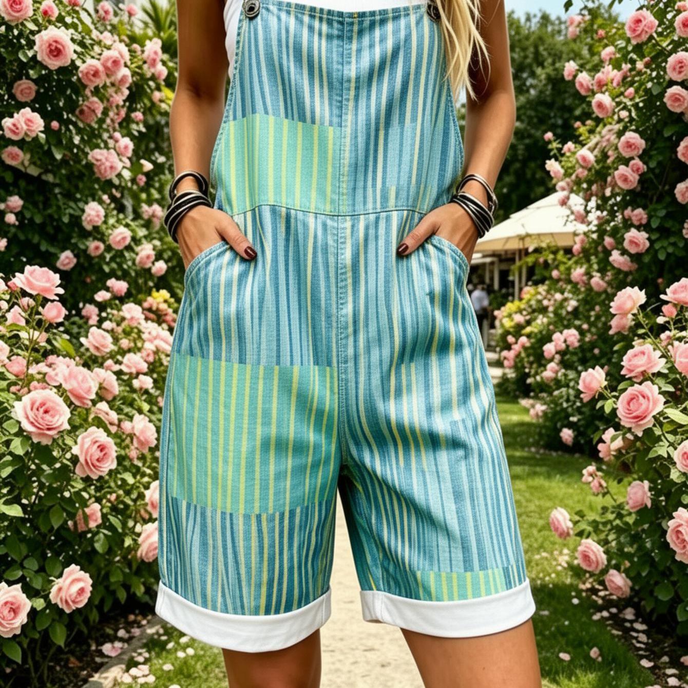 Image of Plus Size, Women's Full Printed Overalls Jumpsuit Striped Denim Overalls Shorts Women Summer Casual Outfit Print Romper With Pockets, Suitable For Spring Summer Fall, Machine Washable Casual Outfit