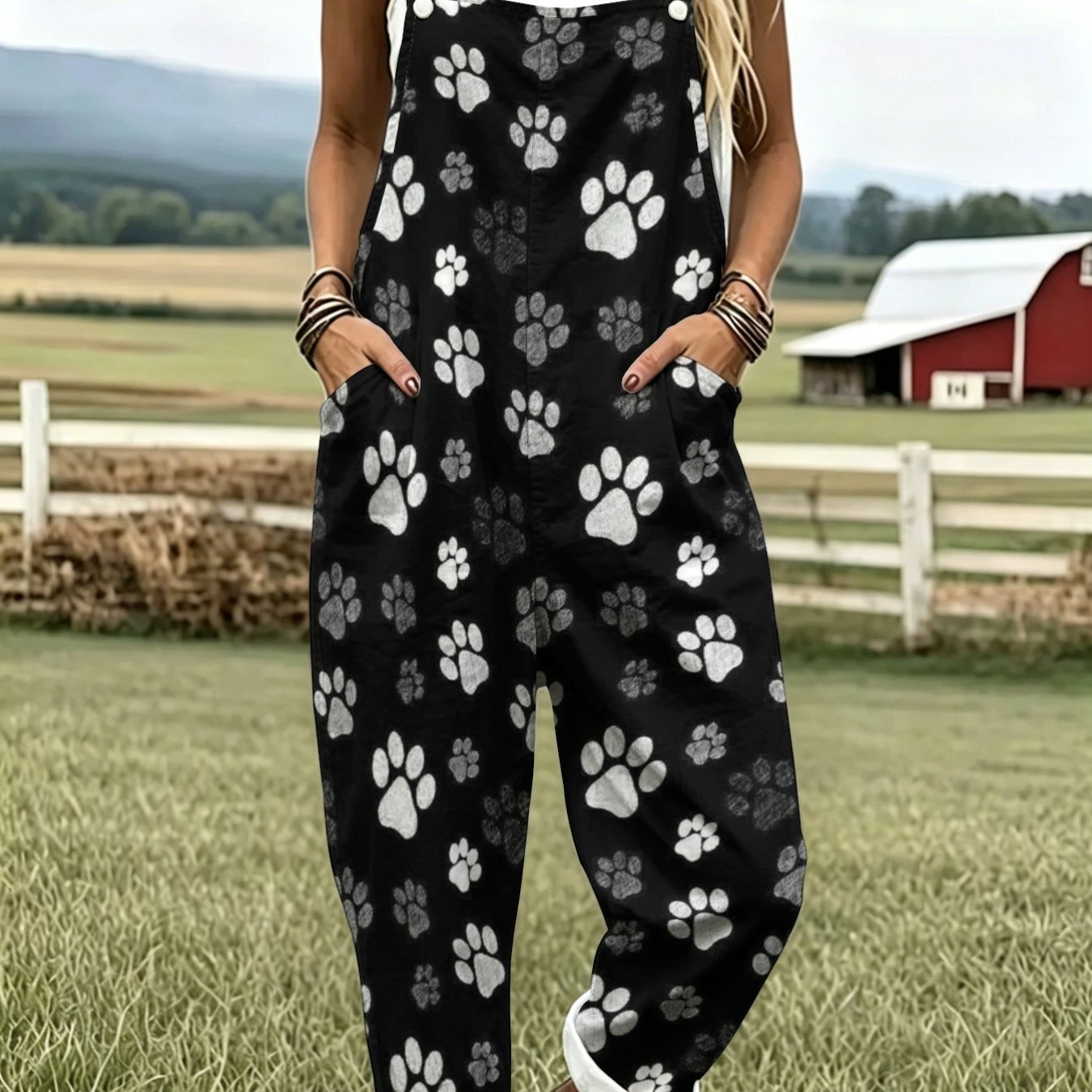 TEMU Women's Leisure Overallspaw Graphics Paw Motiffashion Sleeveless Buttons Design With Pockets Suitable Vacation And Daily Wearing Loose Fit