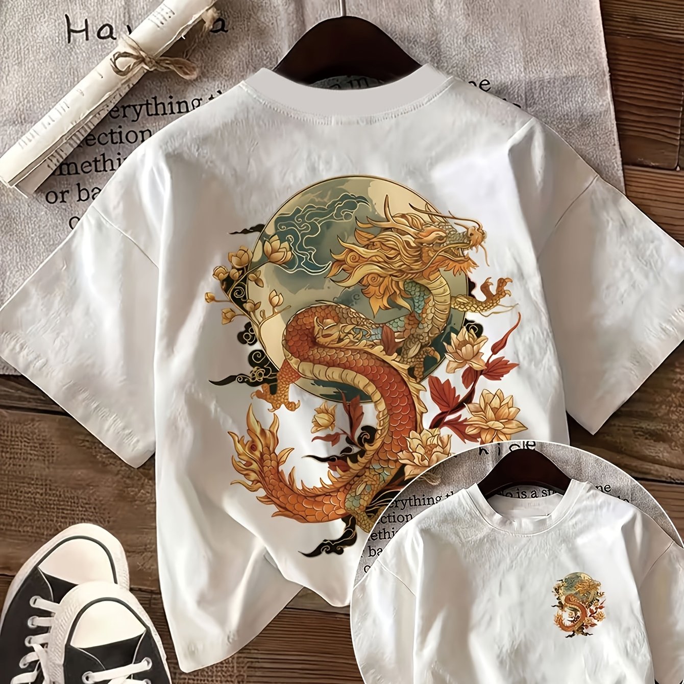 TEMU [double-sided Printing] Summer Casual Women's Top, Dragon Flower Cloud Pattern Round Neck Short Sleeve T-shirt