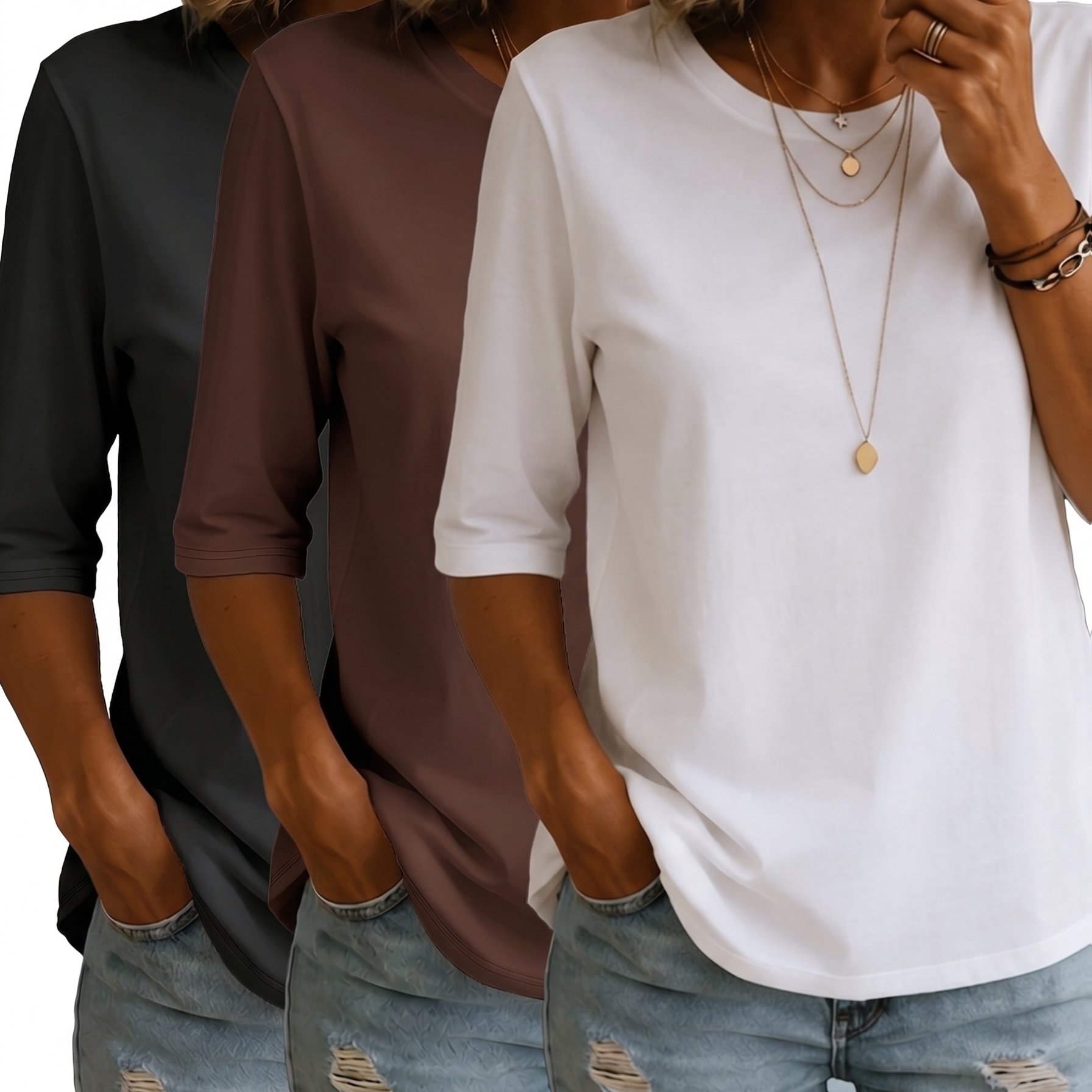 TEMU 3er-Set Damen-T-Shirts, neu, schlicht, lässig, mit Rundhalsausschnitt Dreiviertelärmeln, geeignet für das tägliche Pendeln