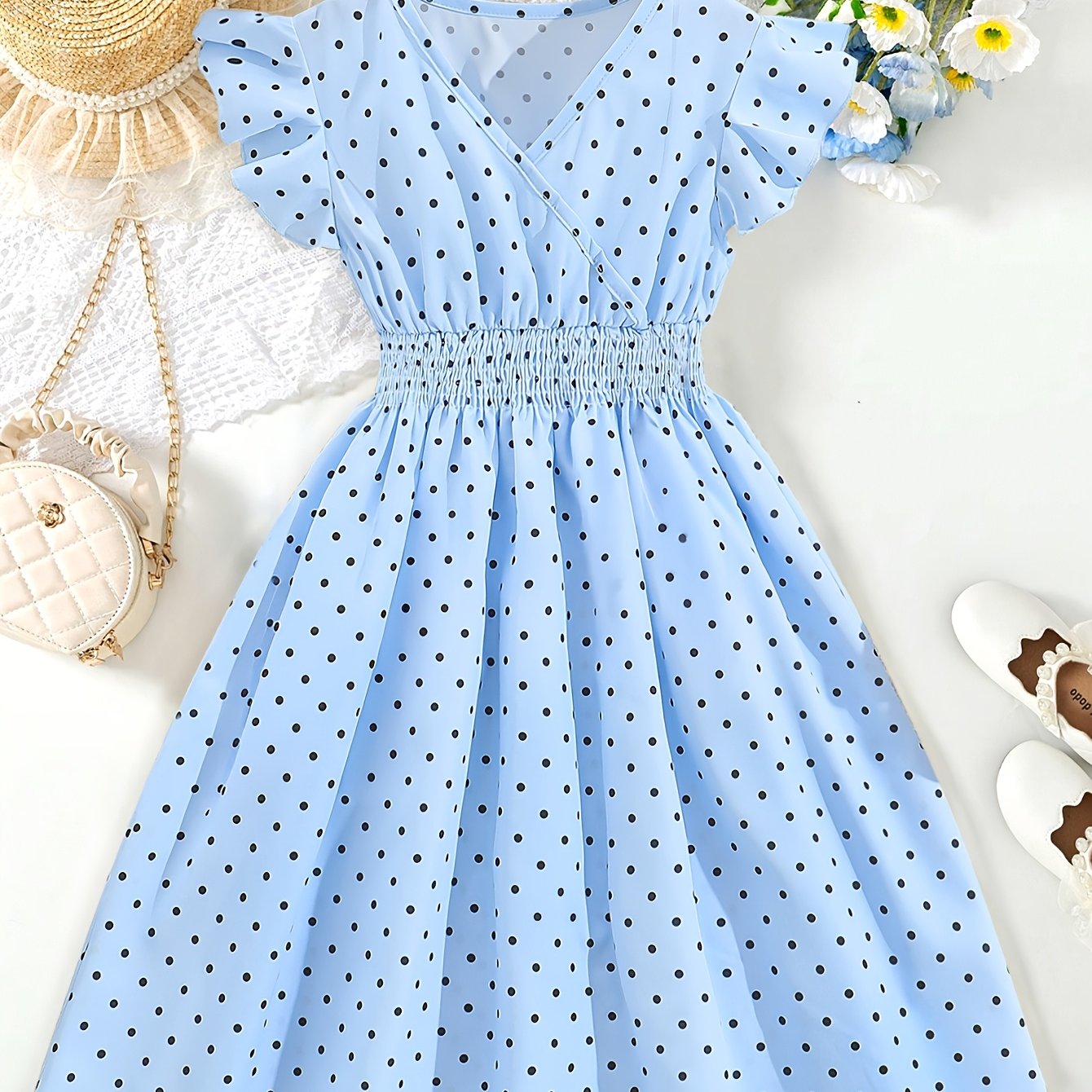 TEMU 2026 New Summer Wear Girls' Dress Girly Thin Girls' Skirt Polka Print Dress Summer Single Piece
