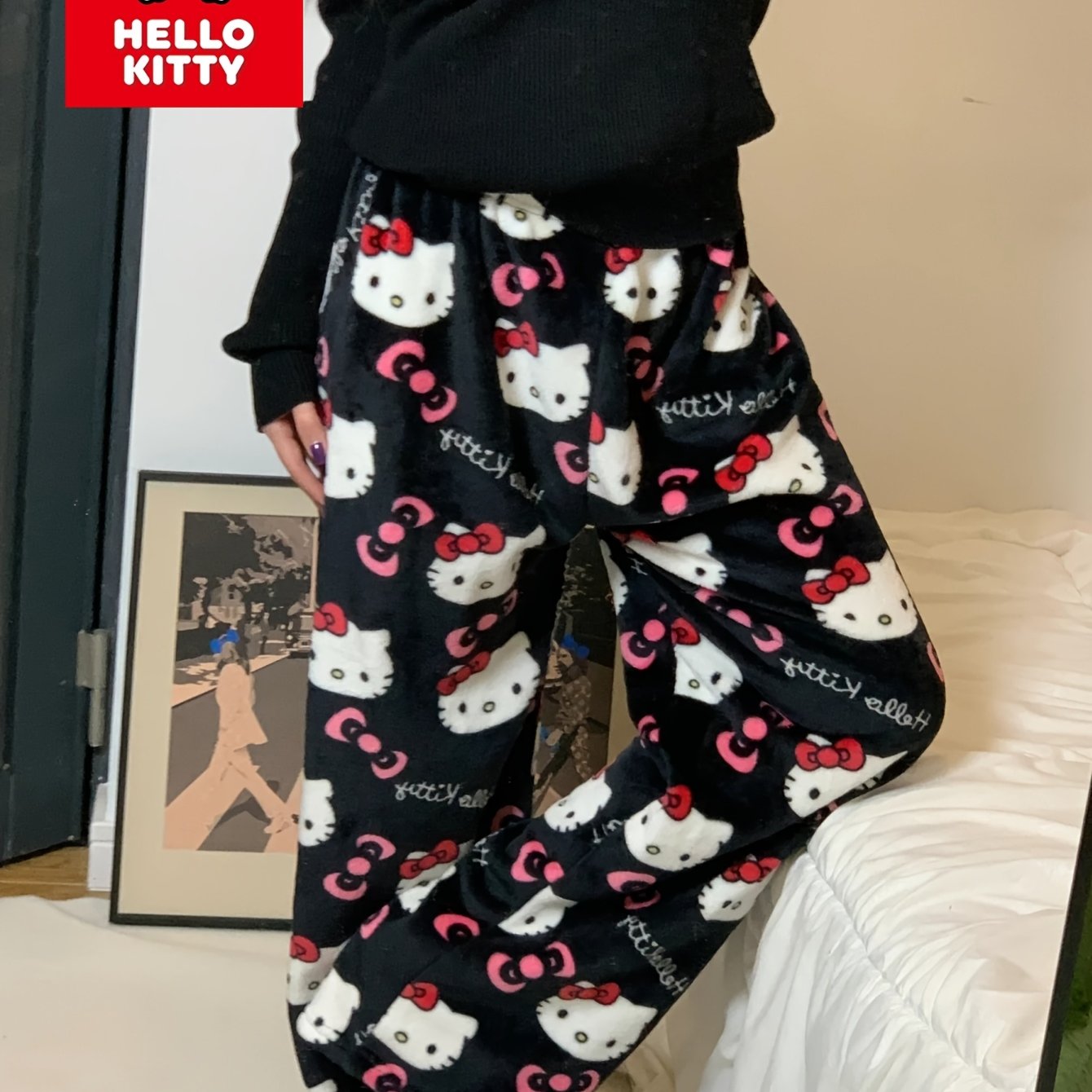 Image of Hello Kitty Licensed Women's Flannel Pants - Soft Cozy Lightweight Sleepwear For Home & Lounge, Cute Bow Print Nightwear, Winter Warm Fleece Pants, (/pink) Teens & Adults