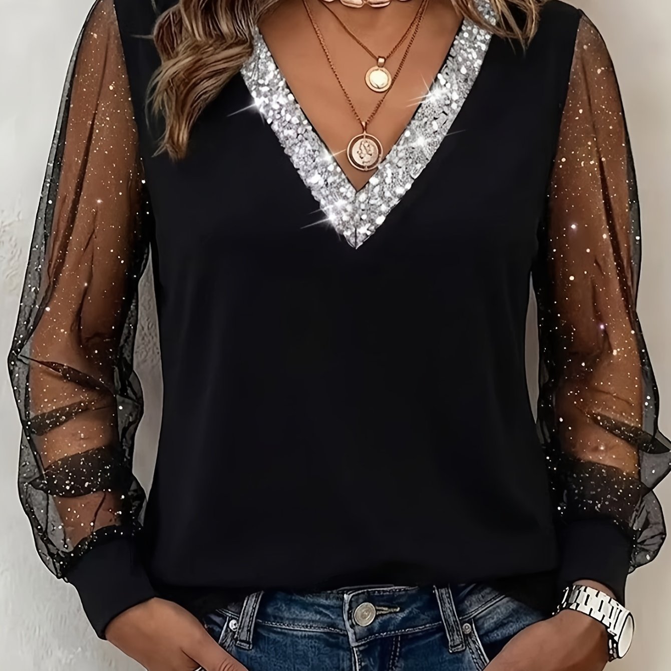 TEMU Women' Luxury Banquet Temperament Style Sequined Trim Deep V-neck Glittery Sheer Mesh Lantern Sleeve Slightly Loose-fitting Draped Top For