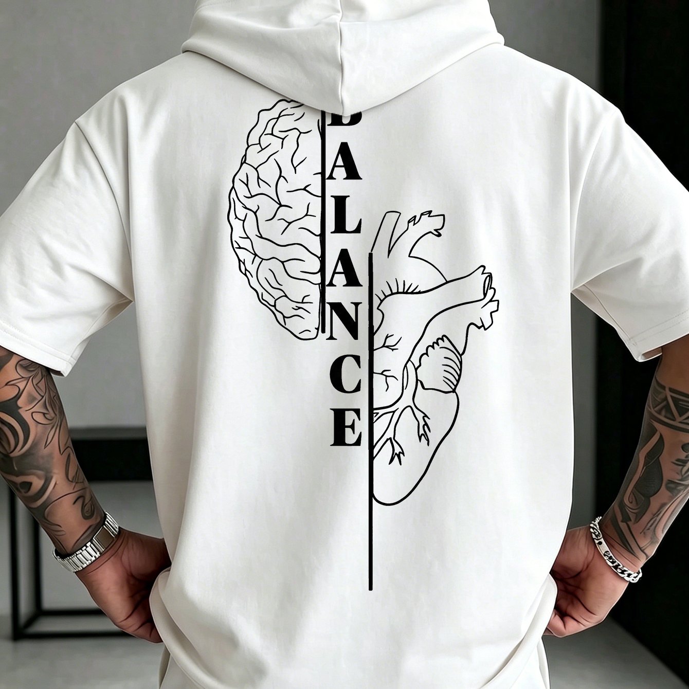 TEMU Men's Hooded Short-sleeve T-shirt - Men's Hooded Short-sleeve Tee, Balance Themed , Loose Fit, Suitable For Streetwear, Fitness, Daily, And