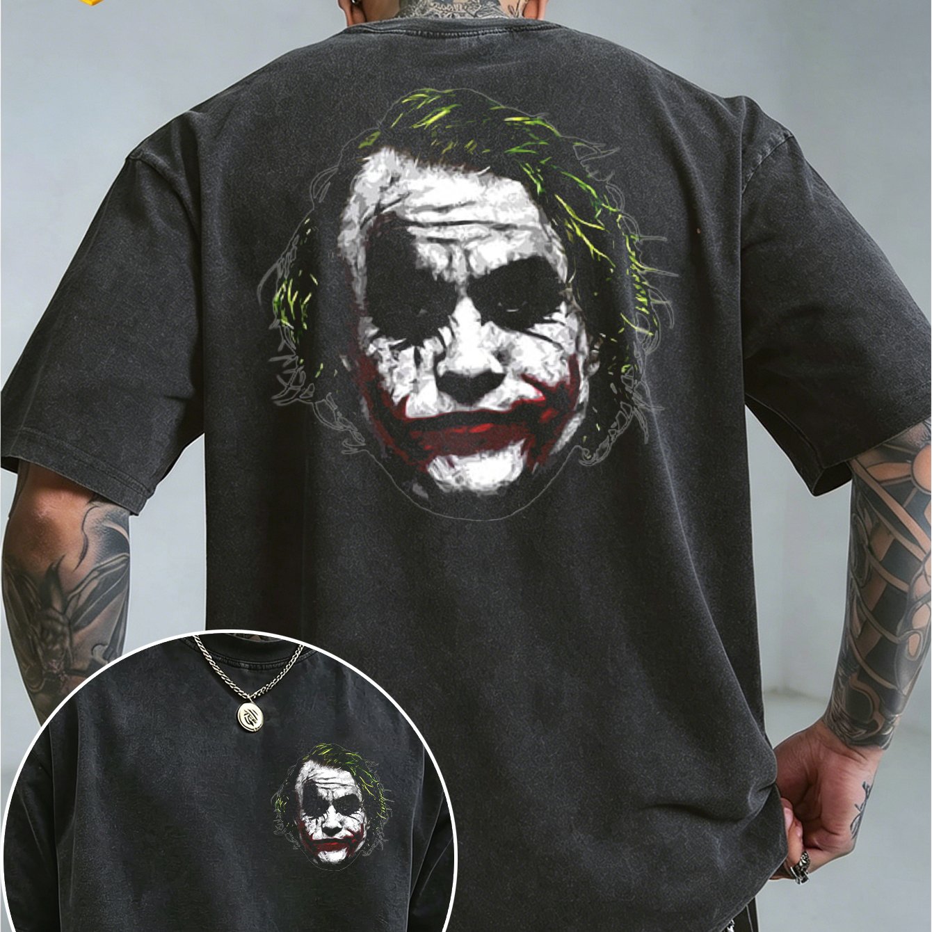 Image of Officially Licensed By Warner ., Vintage Washed T-shirt Printed With Joker Face Portrait Style Classic Novelty T-shirt Suitable For Outdoor Activities And Daily Commuting, A Versatile Piece, Plus Size