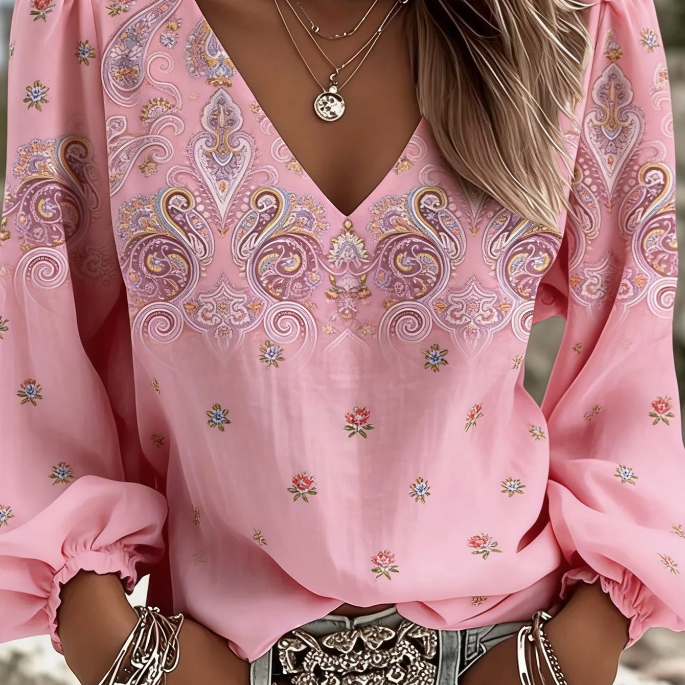 2d Flat Print Retro Western Style Shirt | V-neck Women's Retro Floral Print Long-sleeved Top, Bohemian Style Lantern Sleeve Design, Machine Washable, Suitable For Everyday Wear And Vacations