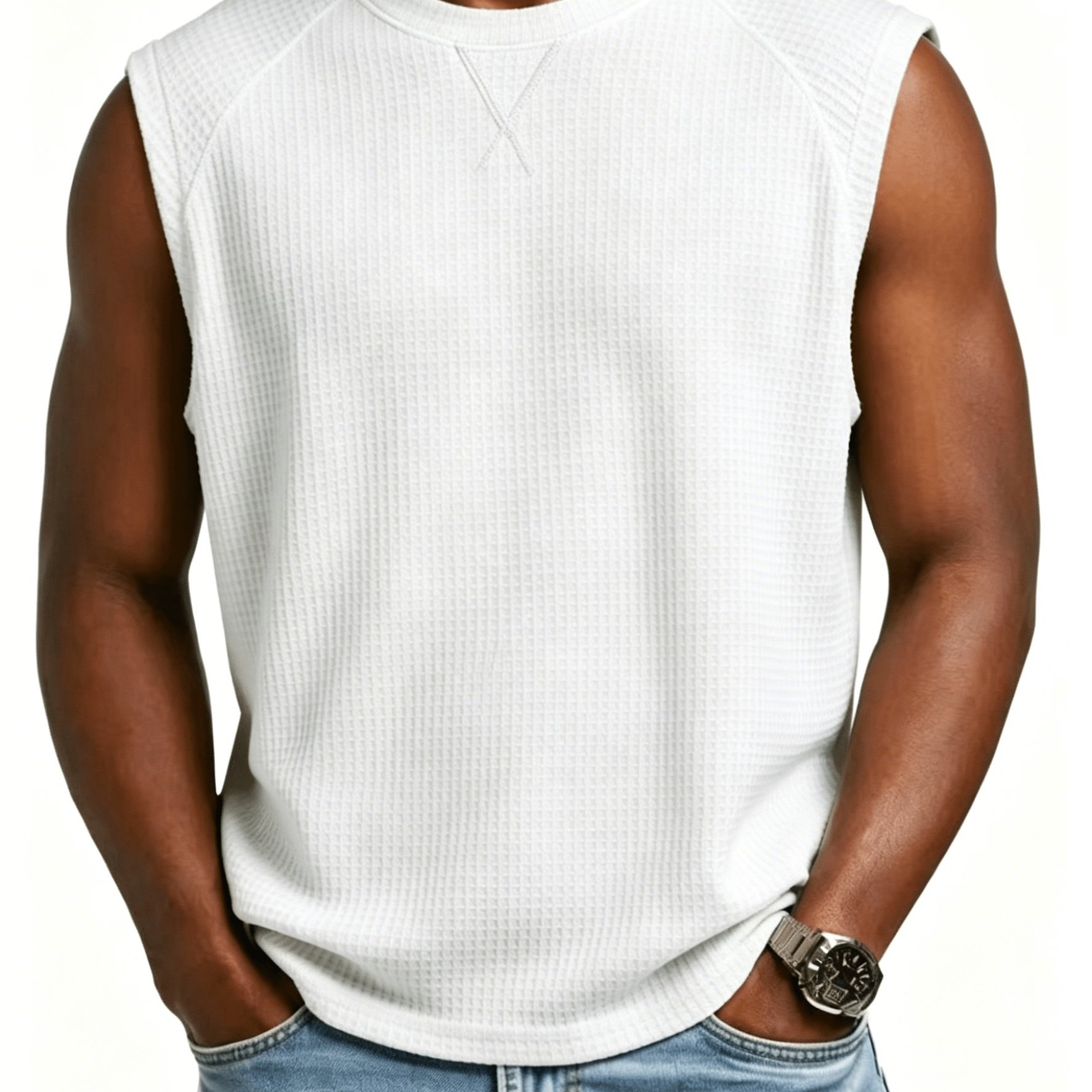 TEMU 's Fashion Waffle Knit Off-shoulder Round Neck Sweater, Men's Loose Fit Sleeveless Vest, Daily And Essential, Fitness And Holiday Gift Must-have