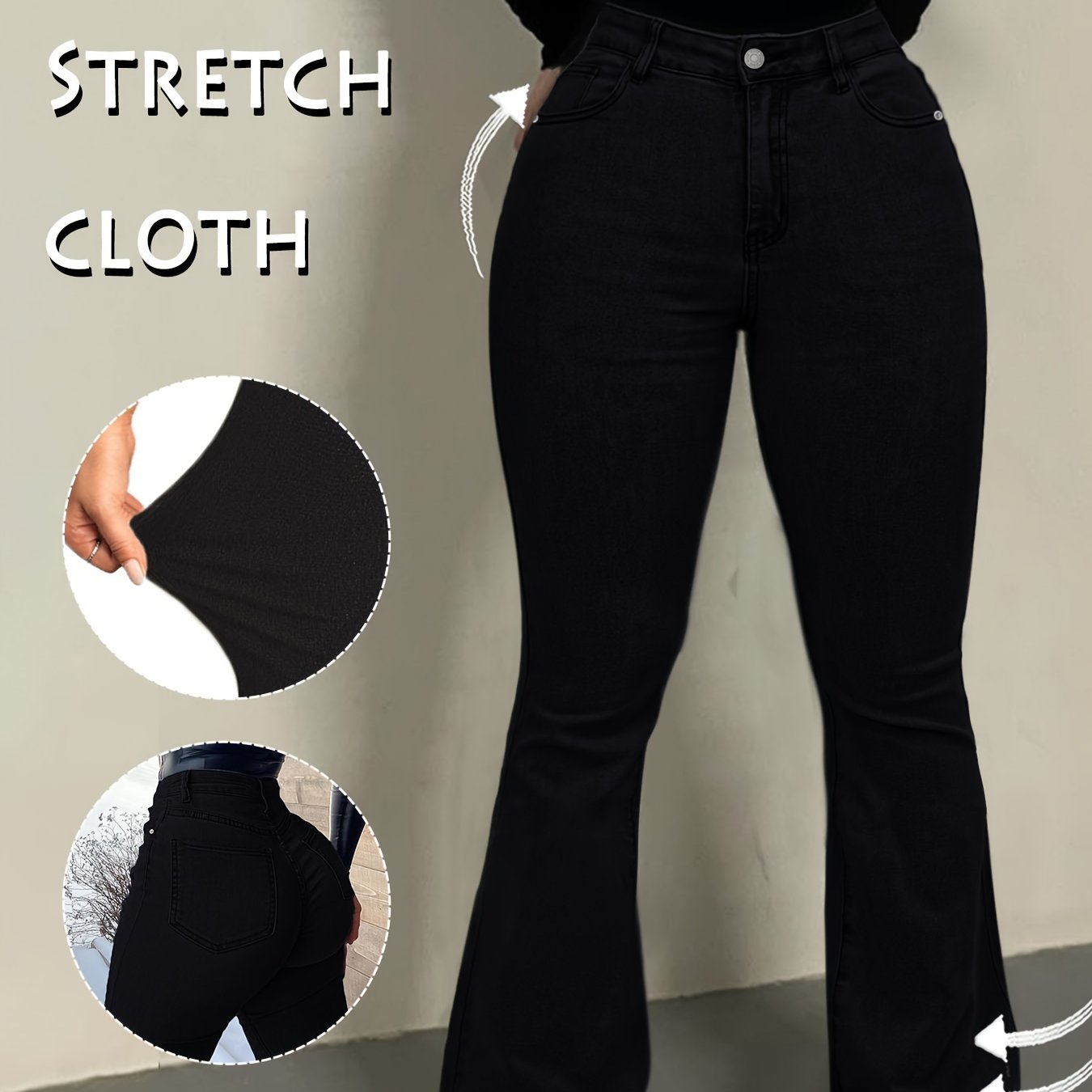 Image of Women's High-waist Stretch Flare Jeans | Slim-fit Straight-leg Bell-bottom Pants With Beltless Design, & Pockets, Solid Black Trousers For Casual Streetwear