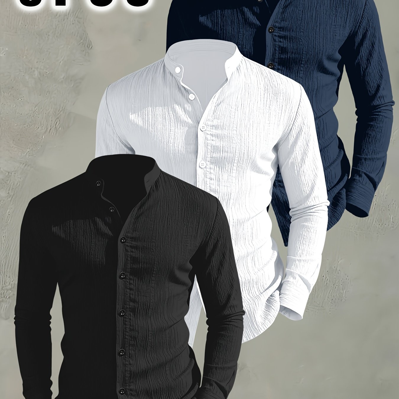 TEMU 3pcs Men's Casual Long Sleeve Shirt Set - Lightweight Comfortable Breathable Small Stand Collar Solid Color Button-up Shirts, Suitable For