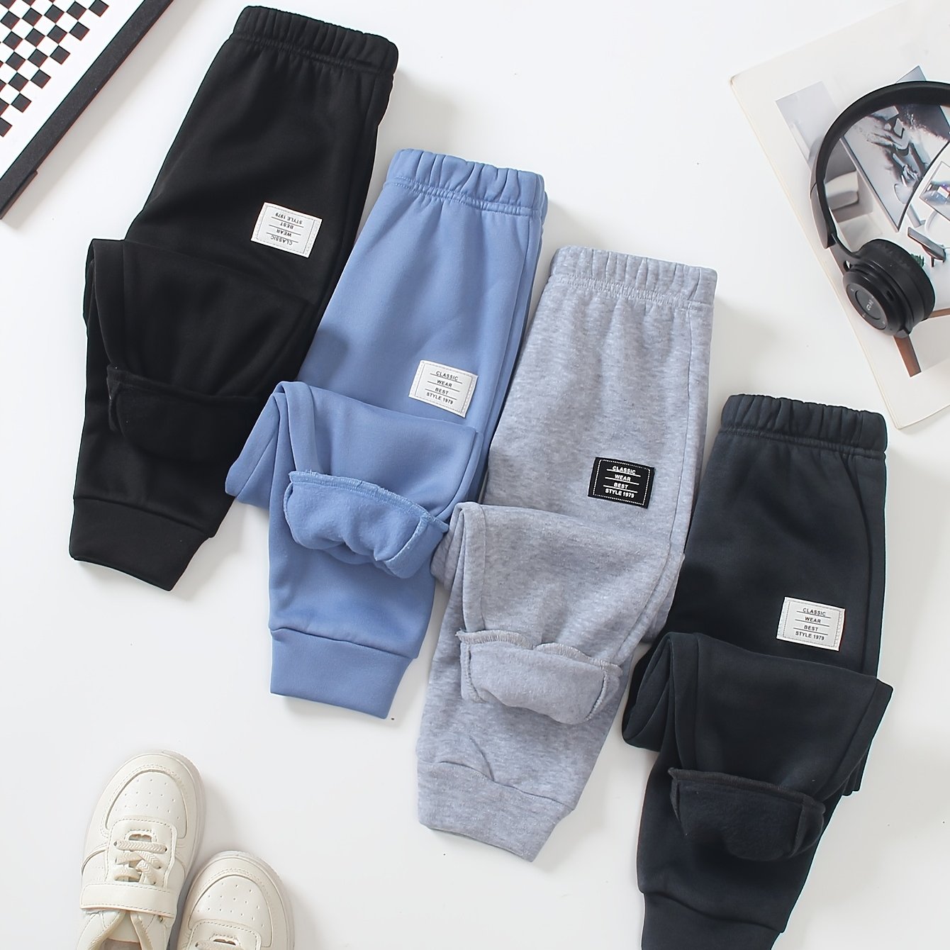 4-pack Boys' Solid Pants Spring/autumn Outdoor Trousers With Letter Patch Decoration, Perfect For Outdoor, Back To School Essentials