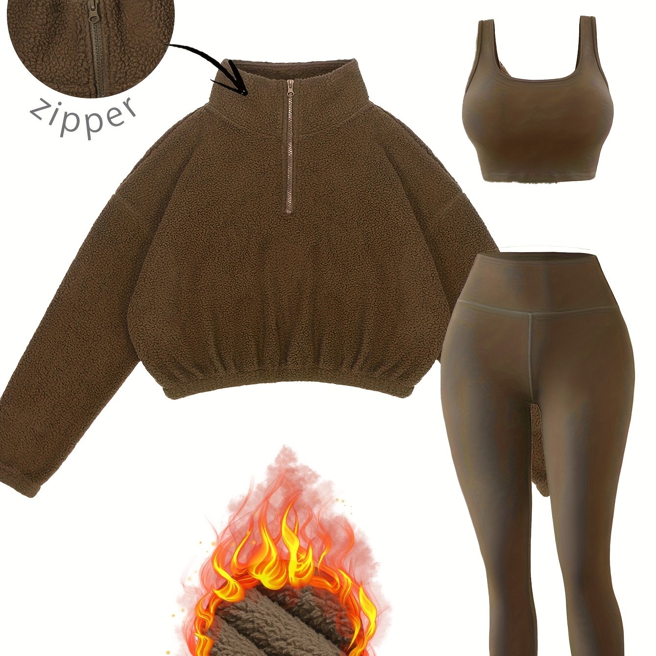 TEMU New Solid Color Stretch Sports Yoga Pants Bra Half-zip Sweatshirt Yoga Outfit Set Autumn Winter Three-piece Set No Accessories