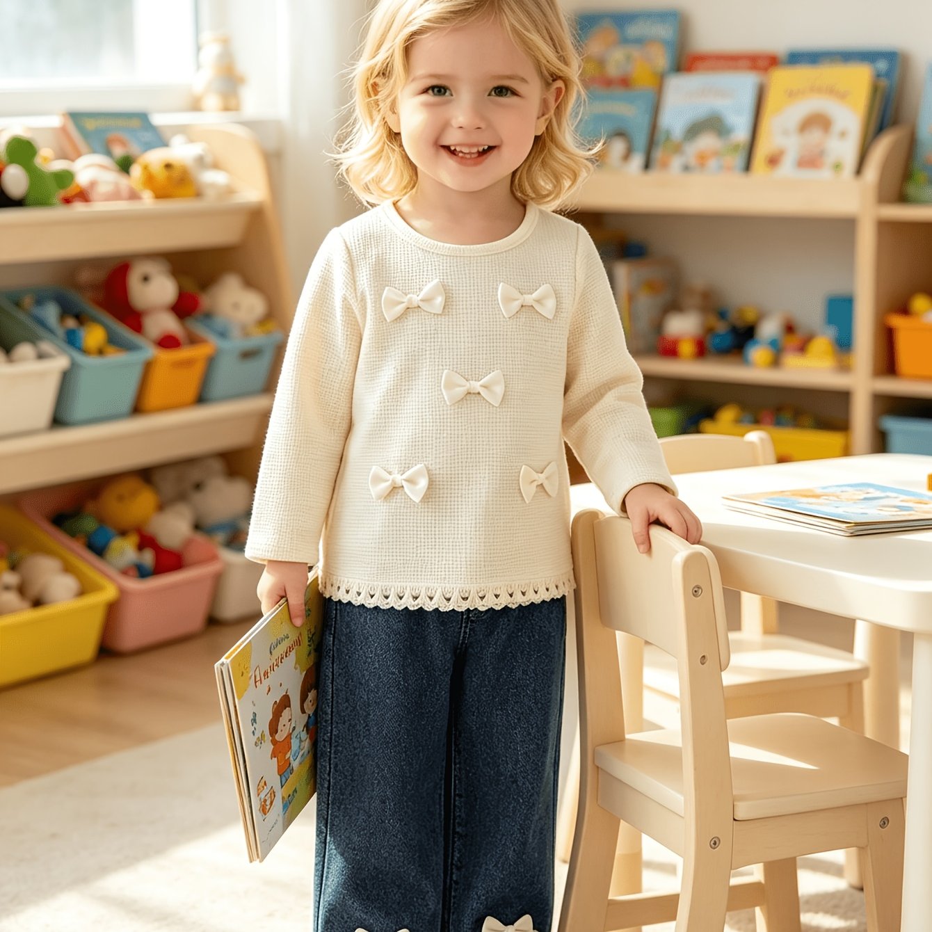 TEMU 2pcs Baby Girls Set 3d Bow Fringe Long Sleeve Top Elastic Waist Jeans Outdoor Play, Perfect For Outdoor