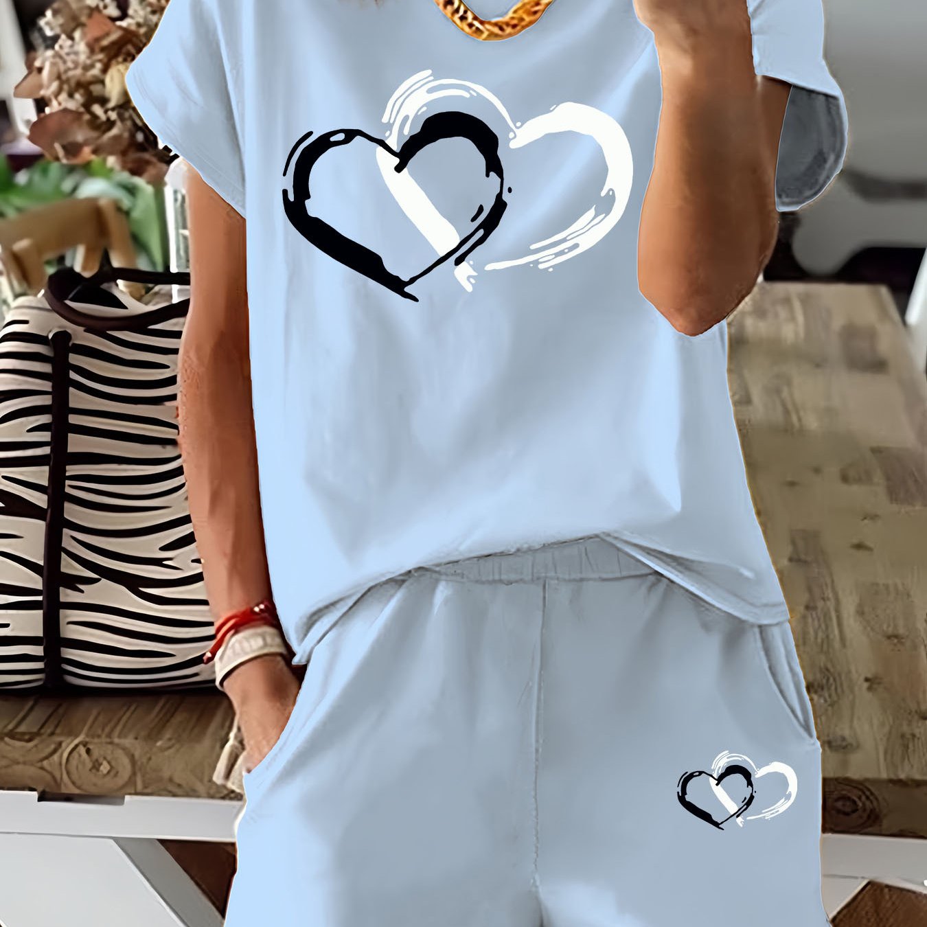 TEMU Heart Print 2 Piece Set, Short Sleeve T-shirt & Shorts, Women's Clothing
