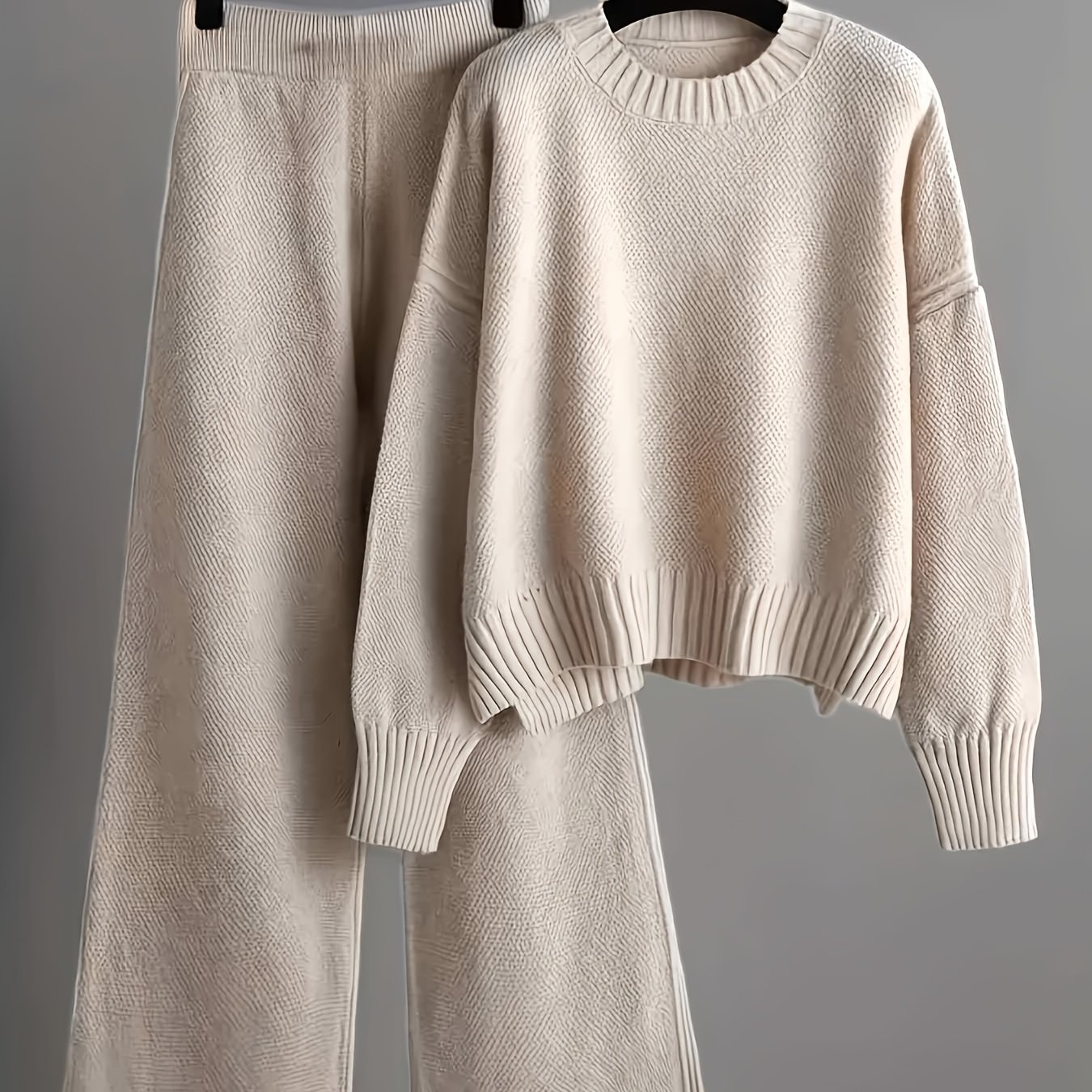 TEMU Ladies' Early Spring Fashionable And Elegant 2pcs Set With Seed Sweater: Chic Pattern Round Neck Drop Shoulder Long Sleeve Pullover + Straight