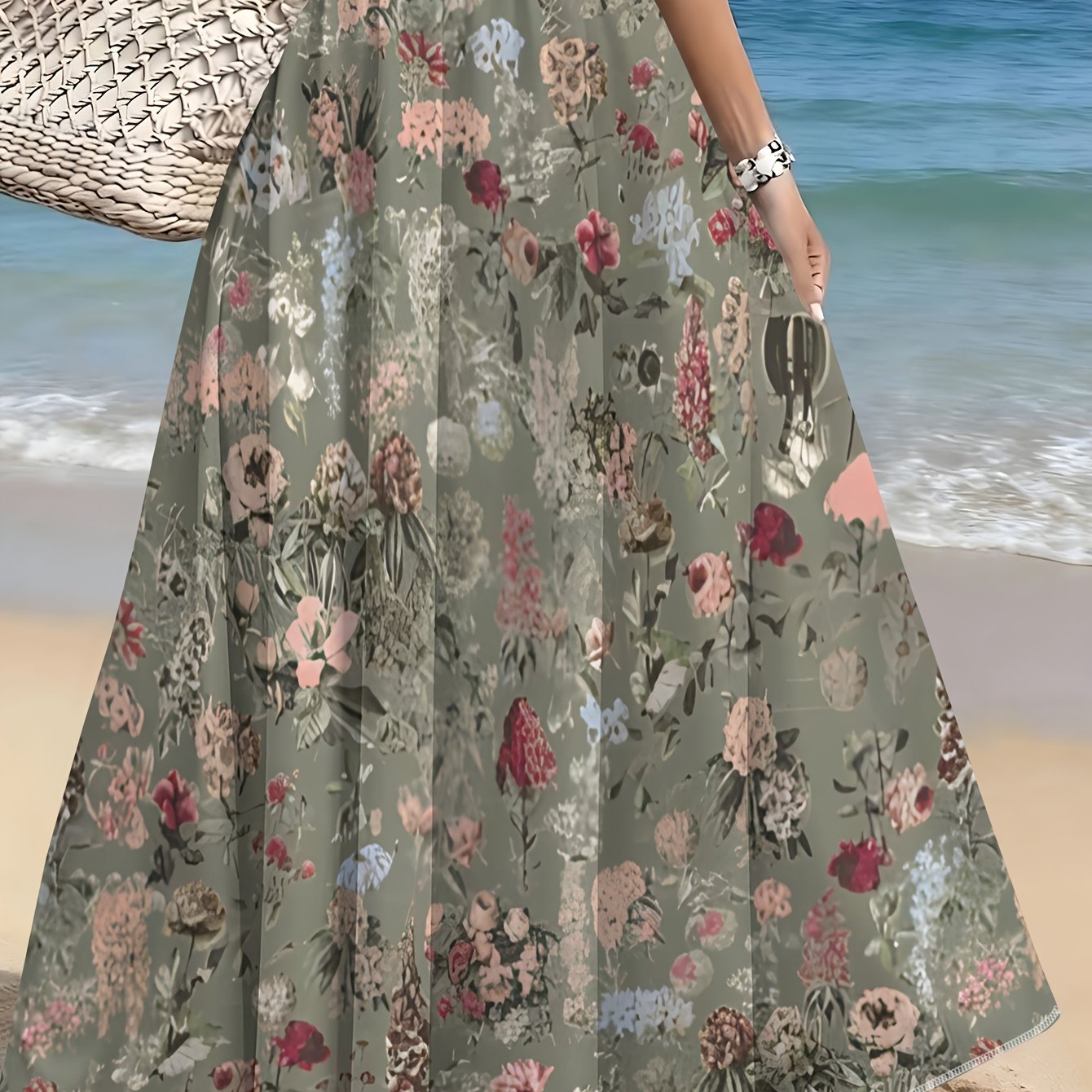 TEMU Retro Gray Base Multicolor Floral Print Skirt, Summer Casual