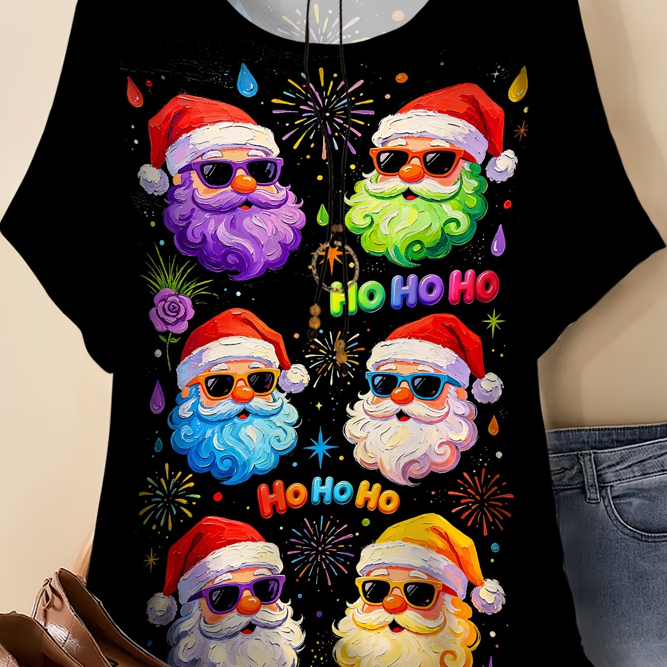 TEMU Plus Size Women's T-shirt With Pattern Print, Round Neck Short Sleeve Summer Top, Oil Painting Style Colorful Sunglasses Santa Claus Fireworks