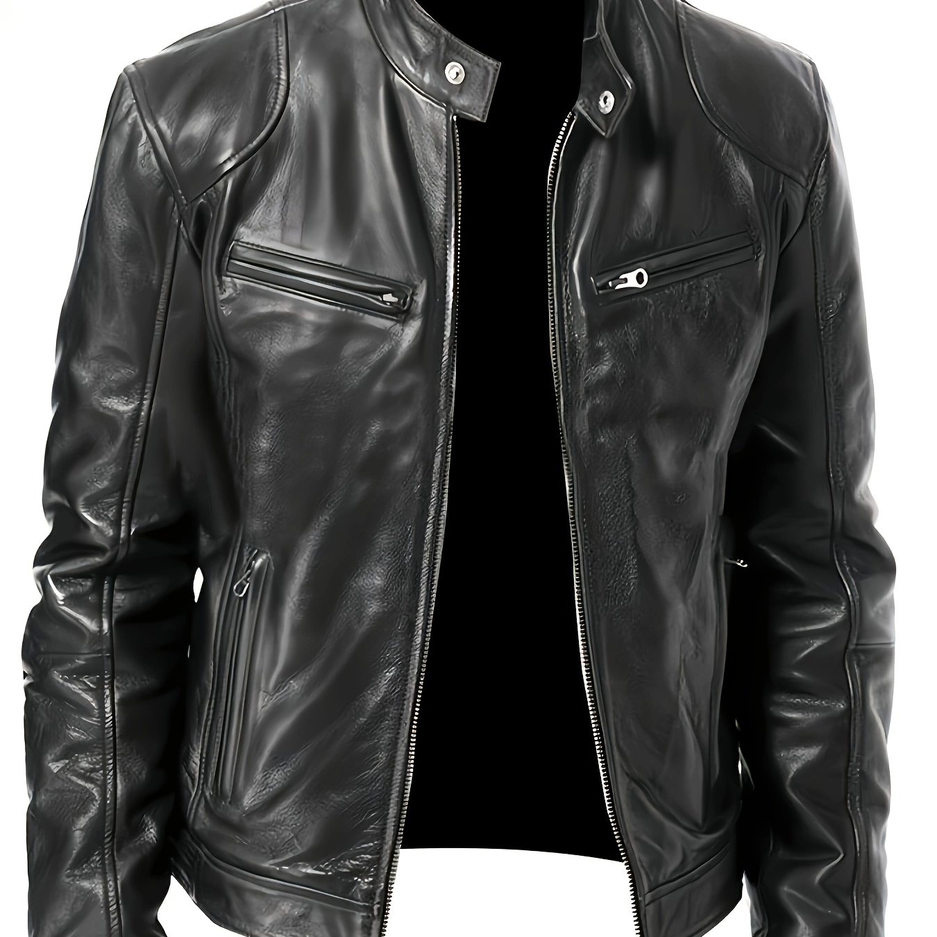 TEMU Men's Pu Leather Jacket, Spring/autumn Style, Trendy Motorcycle Jacket, American-style Outerwear, Stylish For Layering