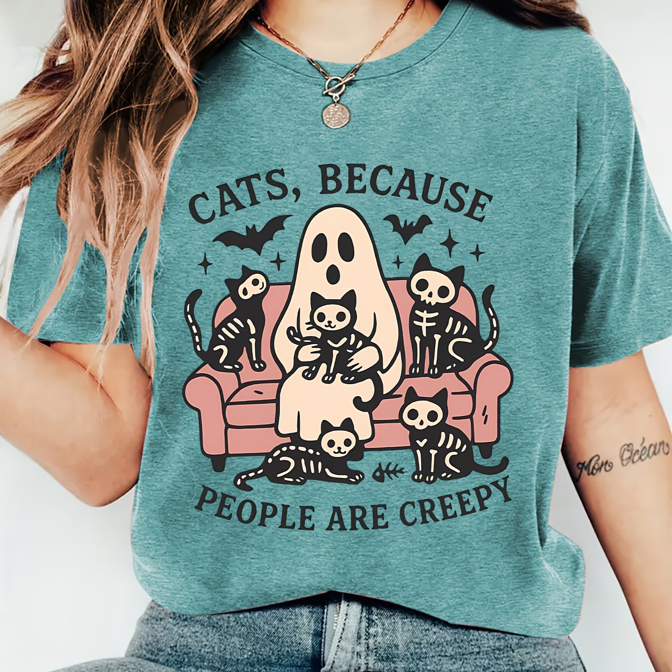 TEMU Women's Summer Clothing Cats Sofa Skull Cat Print Round Neck 1pc Summer Short Sleeve T-shirt, Comfortable, Soft, Stylish, Elegant, Vintage,