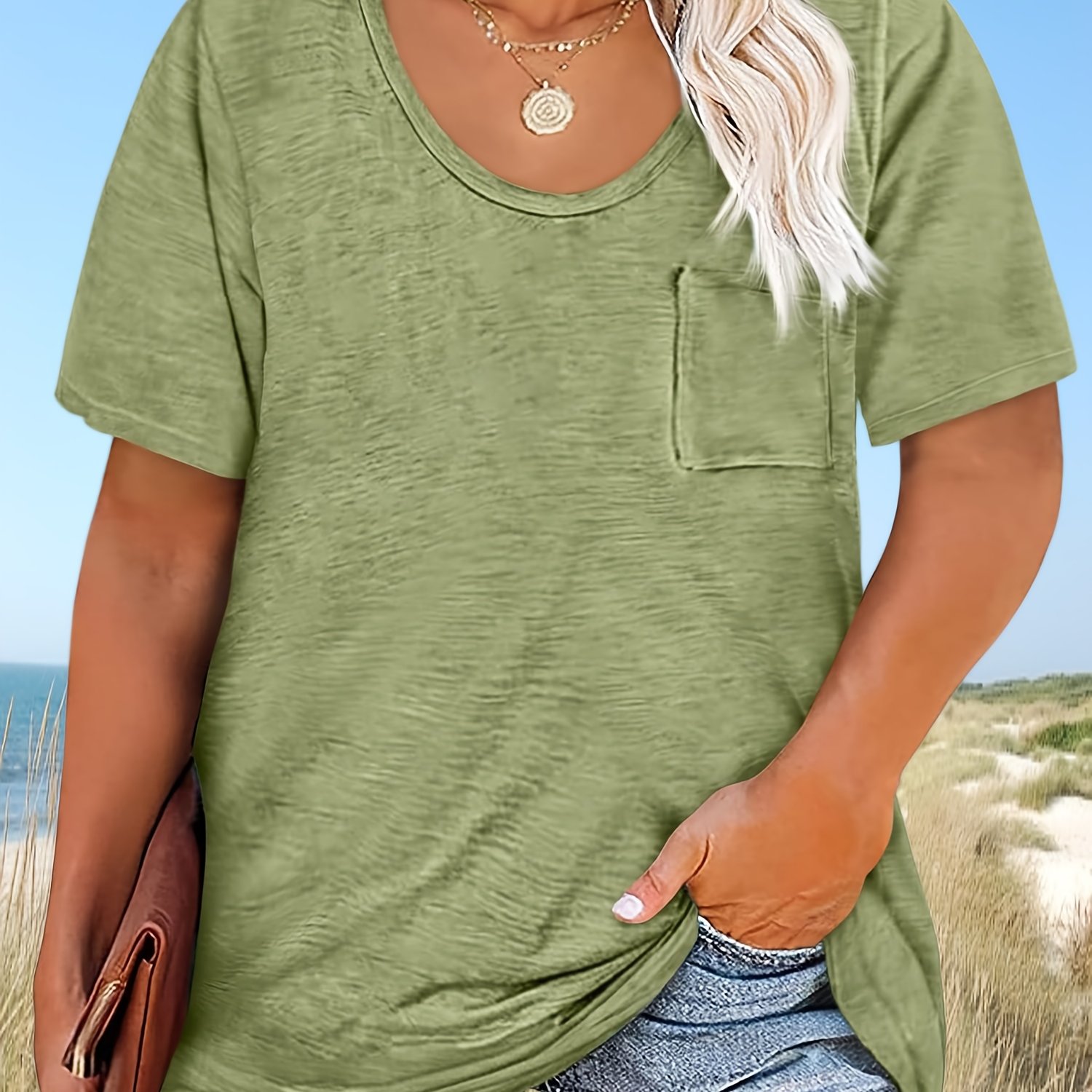 Plus Size - Plus Size - Plus Size Women's Short-sleeve Crew Neck T-shirt, Oversized Summer Top With Pockets