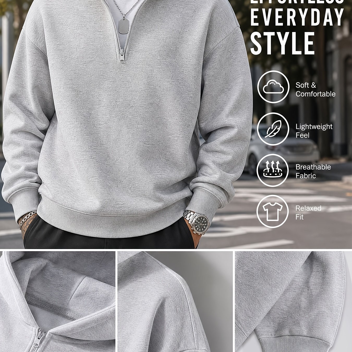 TEMU Men's Half-zip Hooded Sweatshirt, Solid Color Basic Loose Drop-shoulder Pullover Top, Spring/autumn Casual Versatile Hoodie, Suitable For Daily