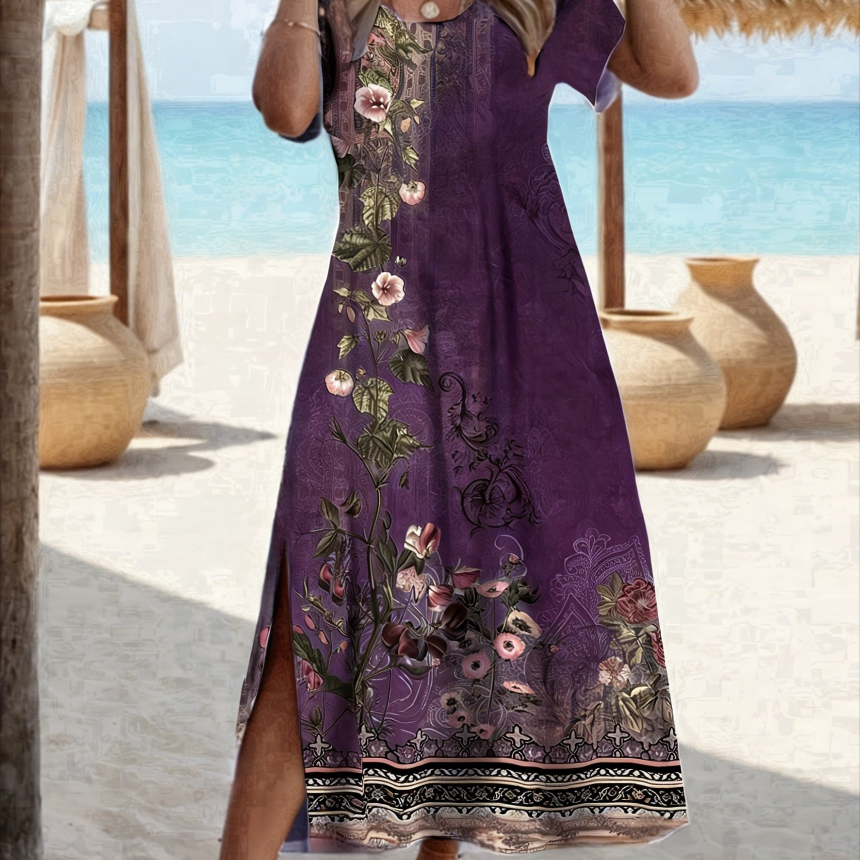 TEMU Women's Elegant Long Side-slit Dress - Bohemian Floral Print, Spring And Summer Round Neck Short Sleeve Vintage Ethnic Style Long Dress, Casual