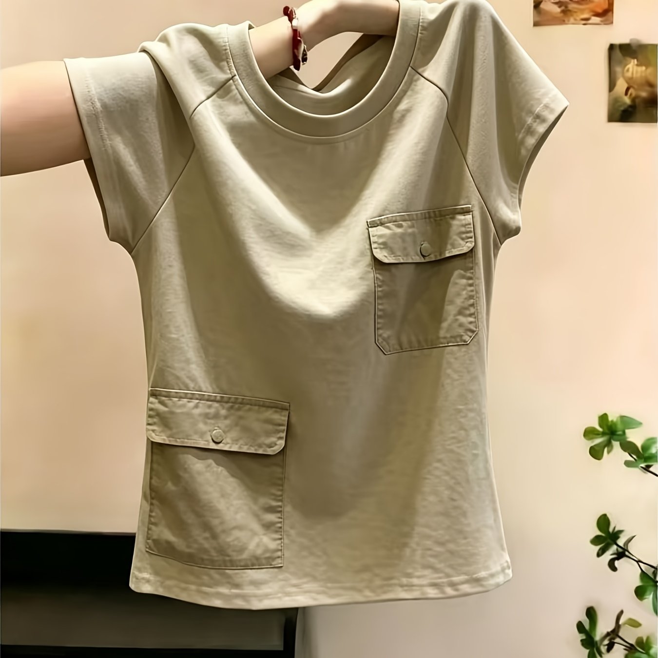 TEMU 夏 レディース レトロ ポケット パッチワーク 半袖Tシャツ デザイン ト ファッショントップ 通勤・デート・休暇に最適