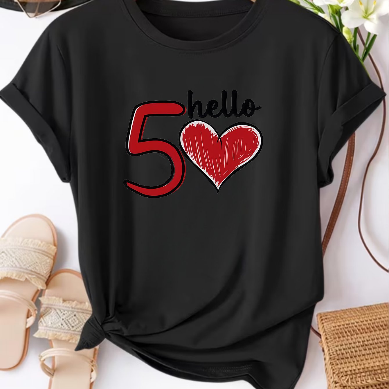 TEMU Women's Hello 50th Anniversary T-shirt - 50th Print Round Neck Short Sleeve Top, Casual Spring Summer Blouse Tee Suitable For Daily Wear &