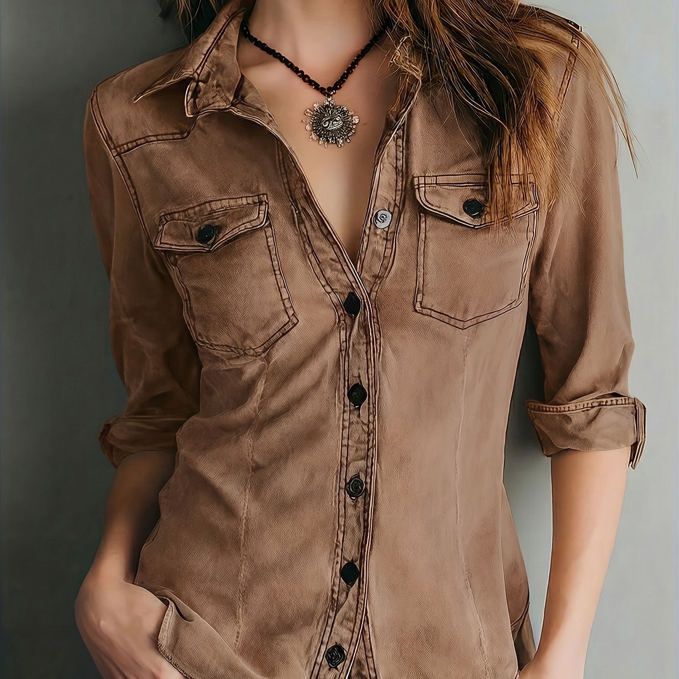 E-shop Damen Vintage Knopfleiste Kragenhemd - Langarm Knopfleiste, Uni-Farben Passform Bluse für Frühling/Herbst Schichten, Casual & Semi-Formal Tragen