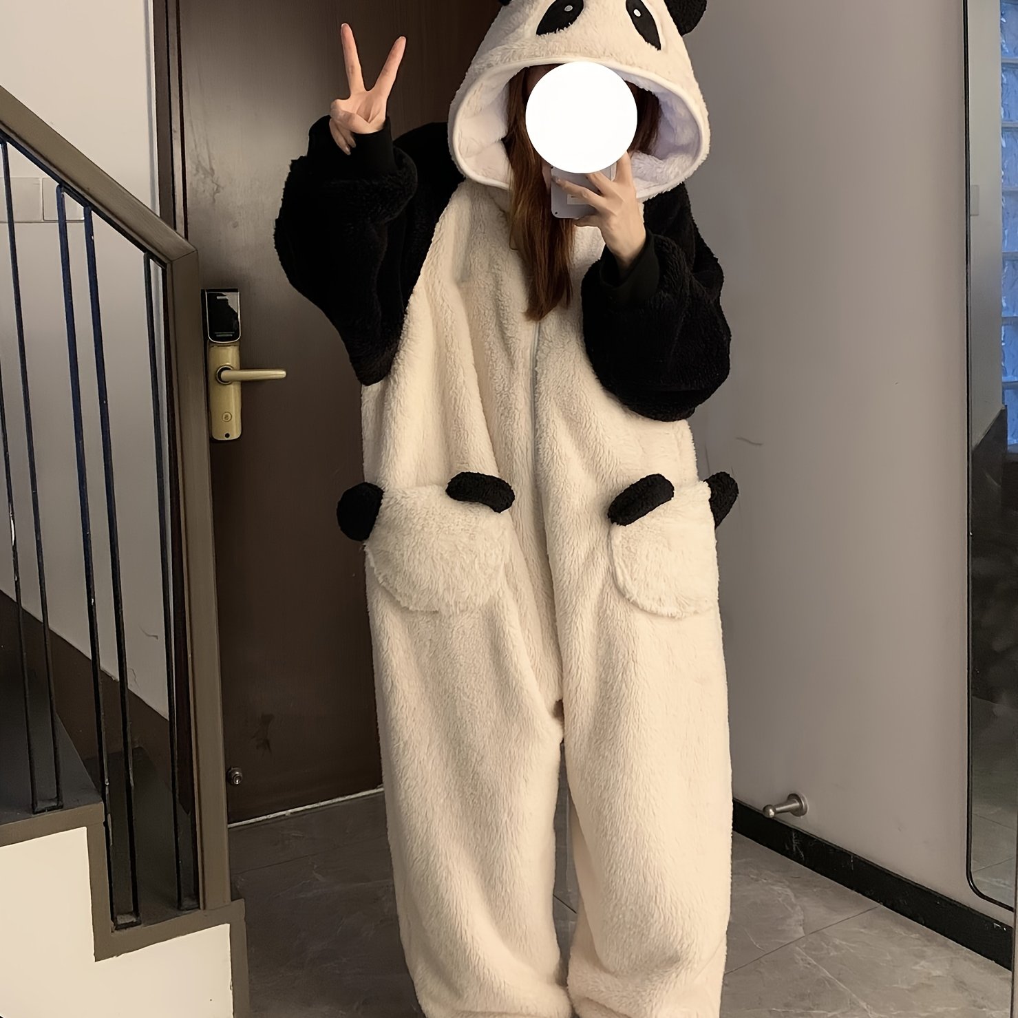 TEMU 女性用のかわいいパンダの着ぐるみパジャマ、ポリエステル製無地長袖フード付きスーツ、厚手の暖かいの裏地、ベルトなし、秋/冬用