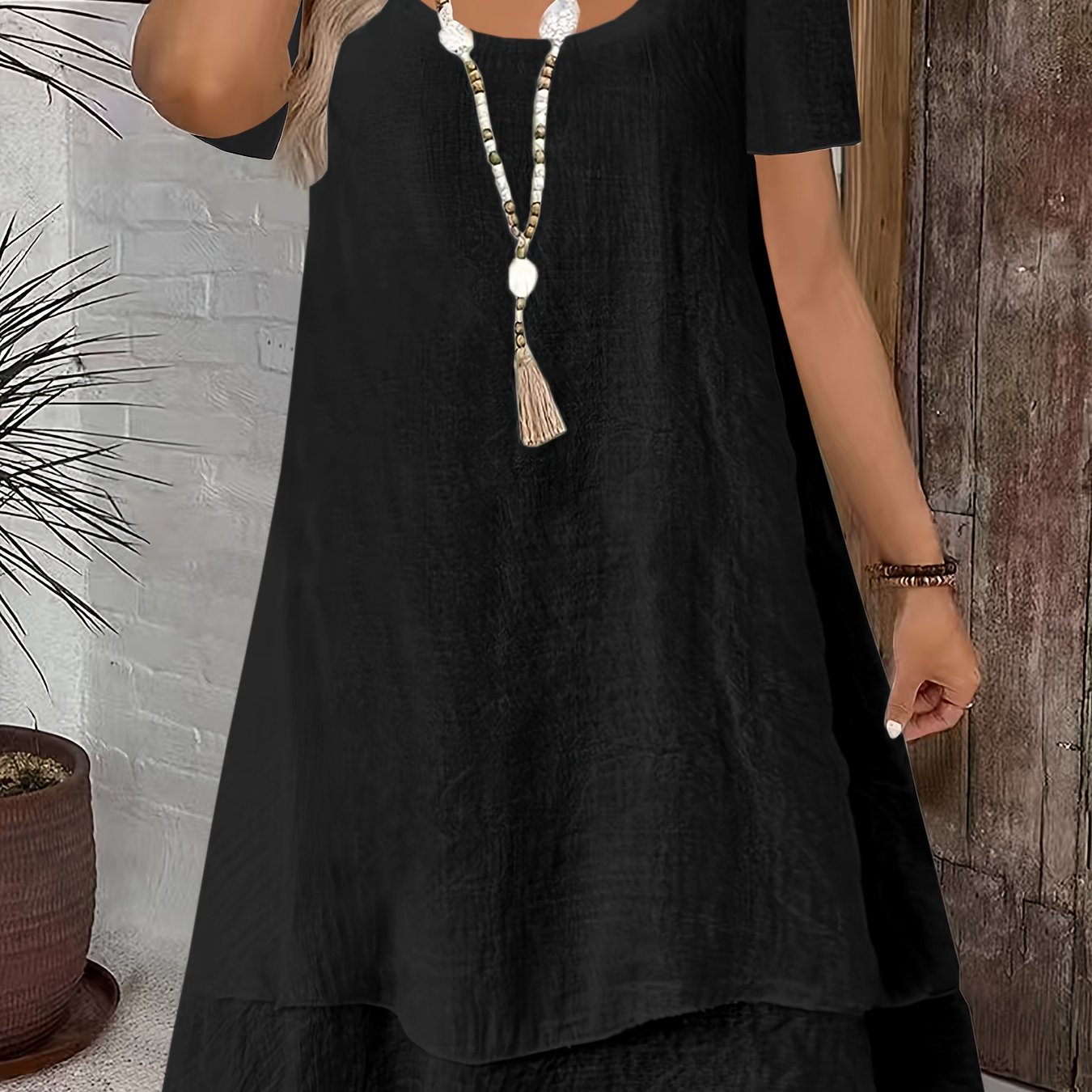 TEMU Robe de Plage Élégante à Manches Courtes, Col Rond, Double Couche et Ourlet Gâteau, Taille Grande, Été, Décontractée et Ample pour Femmes