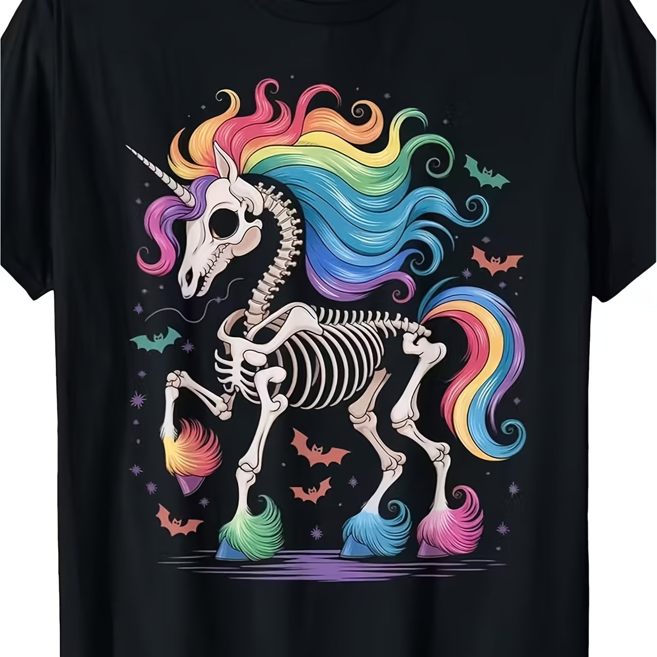TEMU T-shirt Rétro Licorne Squelette 2026 Nouveau Style Idéal pour Tenues Thématiques d'Halloween -en-ciel Licorne Squelette Décontracté Col Rond