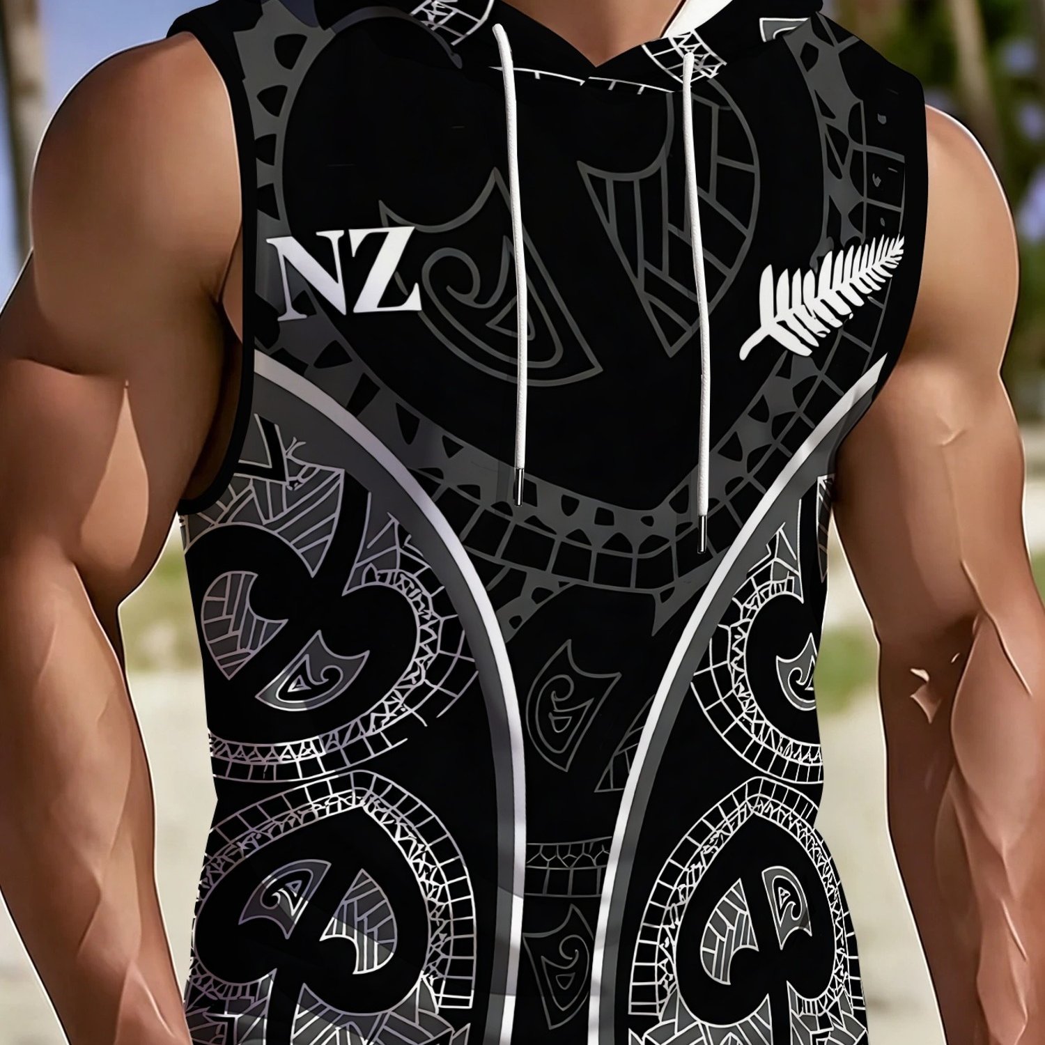 TEMU Men's Hooded Vest, Maori Style Vest With Intricate Pattern Print, Featuring Silvery Fern And "nz" Elements, Suitable For Running And Sports Wear