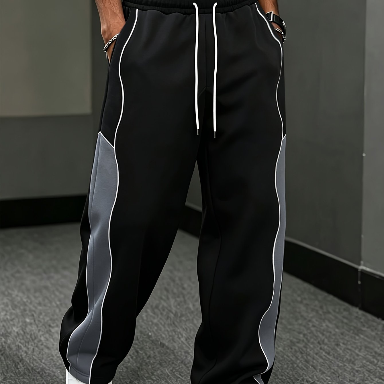 TEMU Men's Casual Trendy Contrast Color Straight Long Trousers, Drawstring Adjustable Loose Fit, 3d Tailoring Leg Shaping, Comfortable Breathable