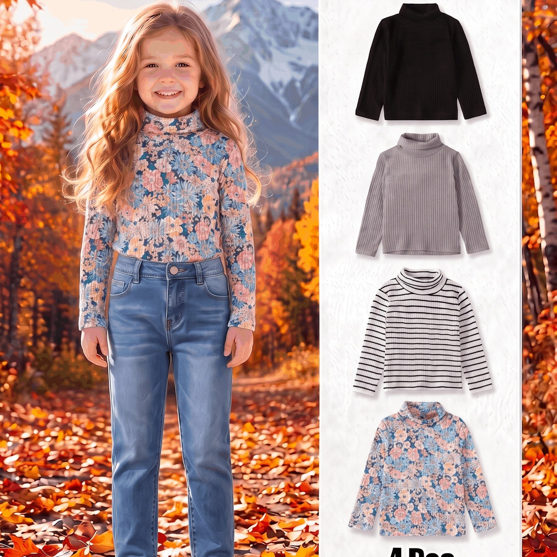 4pcs Girls' High-Neck Stylish Pullover Sweater Set, Autumn/Spring