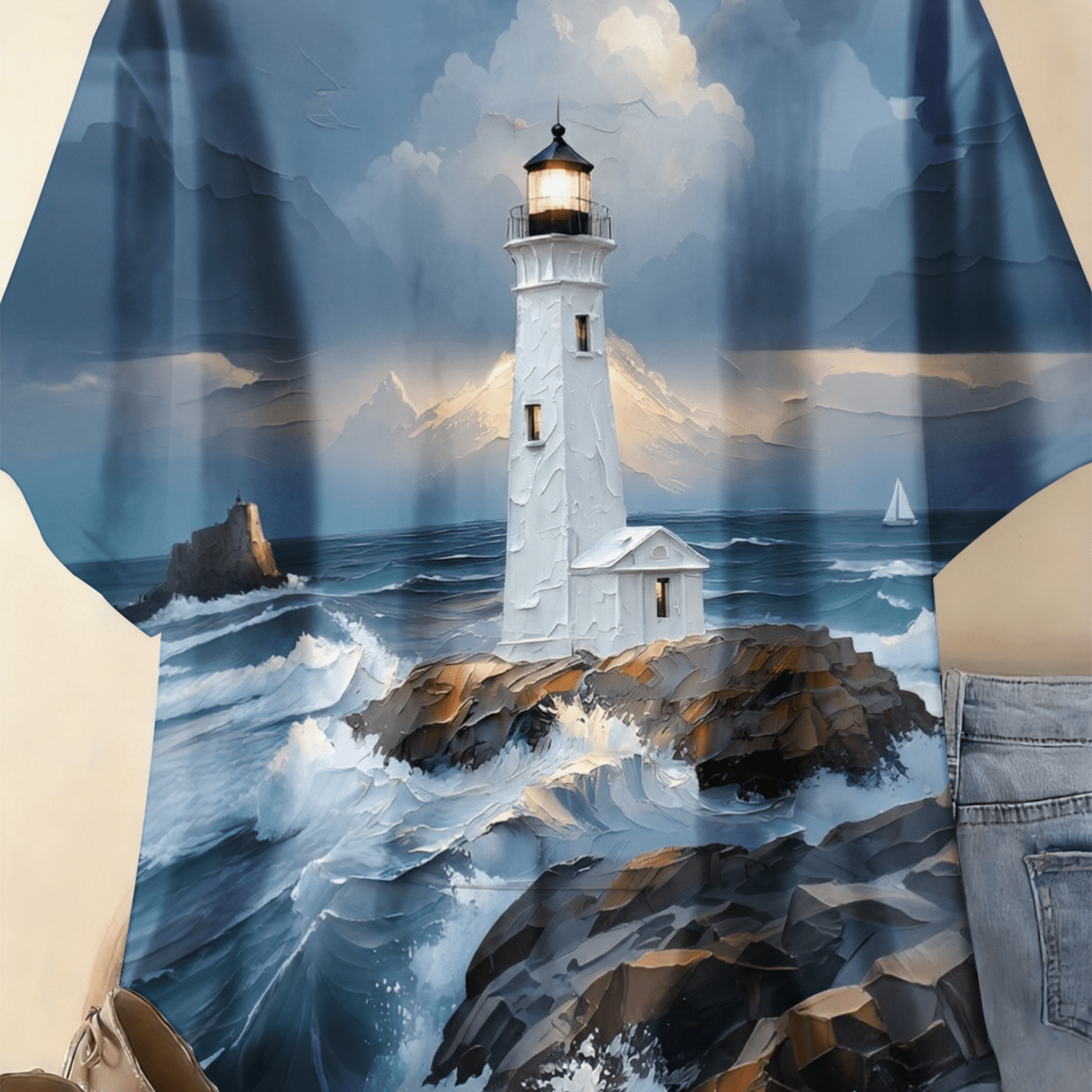 Image of Plus Size, Women's Plus Size 0-9xl Lighthouse & Ocean Waves T-shirt - Size Neck Casual Summer Top, Breathable Comfortable Suitable For , Machine Washable Non- Beachwear For Casual Attire