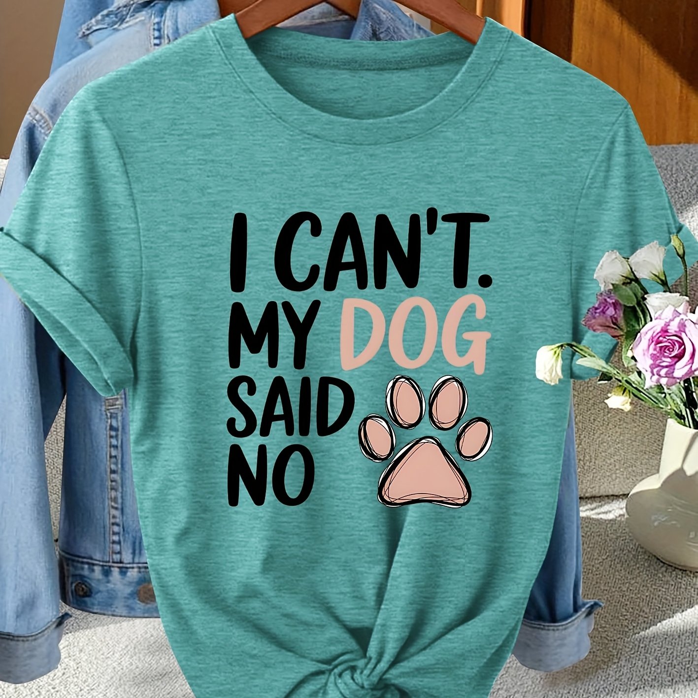 TEMU Women's Casual Elegant Style Pink Cute Dog Paw Letter Print Pattern Round Neck T-shirt For Spring/summer, Fashionable Commuting, Vacation, And