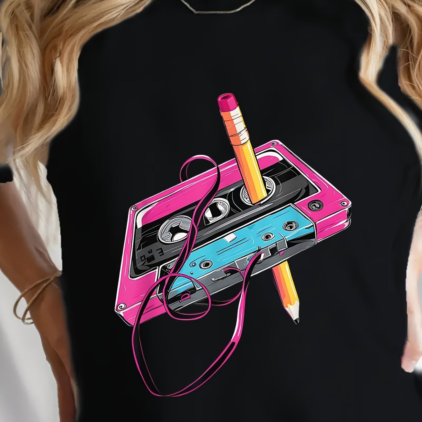 Image of Women's Plus Size Retro 80s Cassette Tape & Pencil Vintage T-shirt | Slim Fit Short Sleeve Crew Neck, Tee With Iconic Vhs-inspired Cassette Design, Soft Comfortable Fabric For Casual Casual Attire