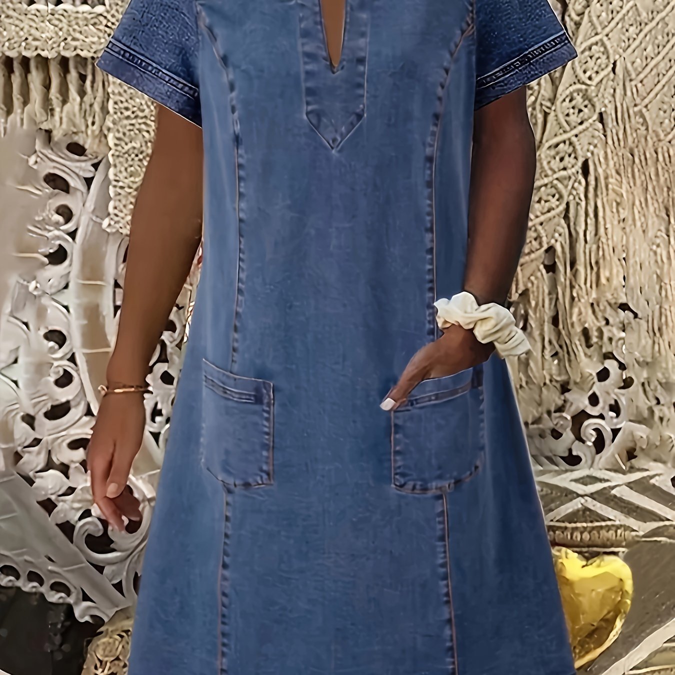 -neck Pleated Pocket Short Sleeve Women's Denim Dress Casual Dress