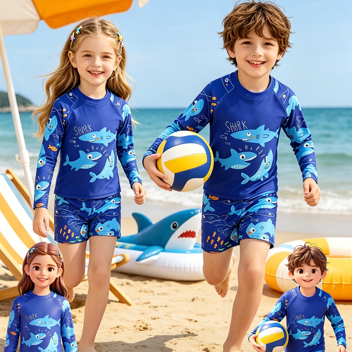 TEMU Boys' Swimwear Set, Blue Cartoon Shark Print Long-sleeve 2pcs Swimsuit, Indoor/beach Spring/summer Swimwear