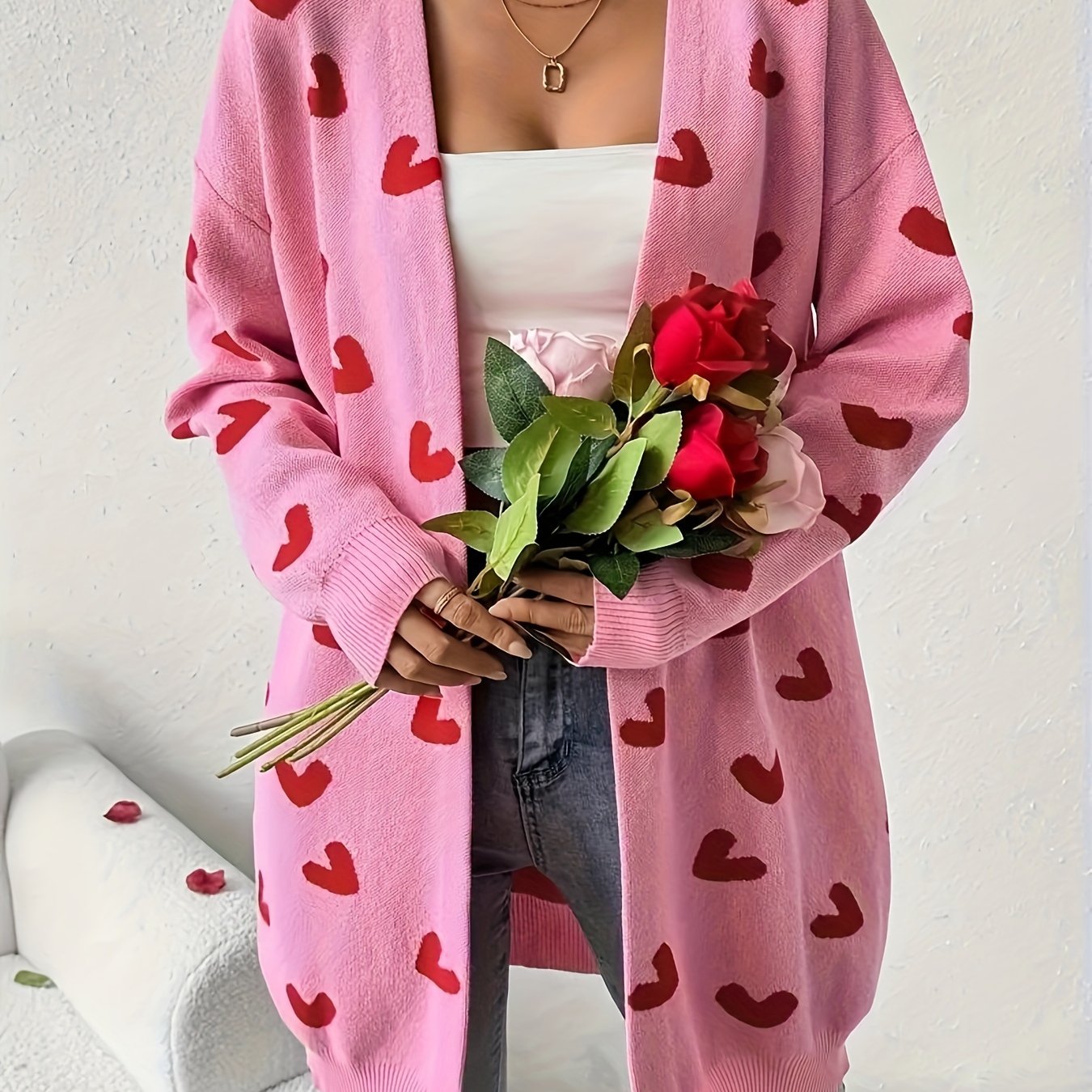 Plus Size, Plus Size Heart Pattern Drop Shoulder Cardigan