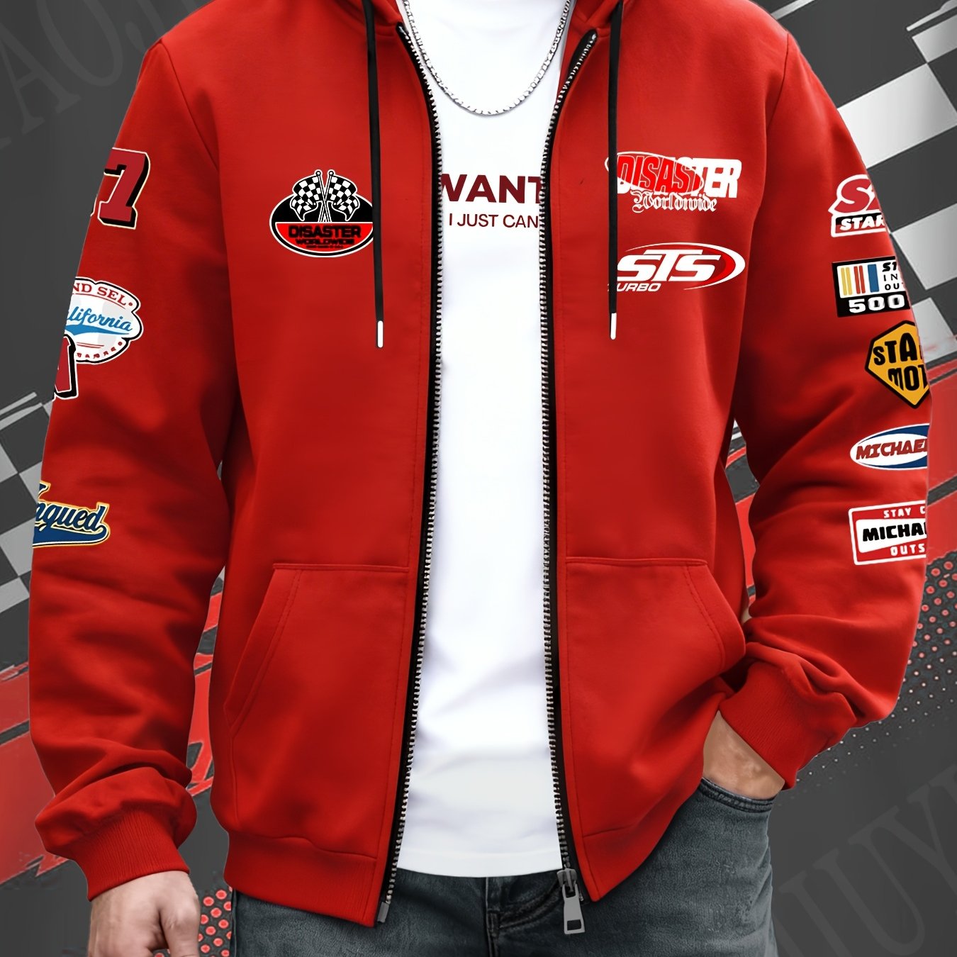 TEMU Veste à capuche pour homme, style course, printemps-automne, style sportif et décontracté, de course tendance et cool, motif multi, transfert